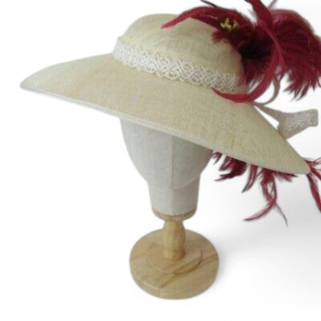 front image for Yvette Jeffs Mother Of Bride Hat Ivory Red Feather Womenswear | Pre-loved