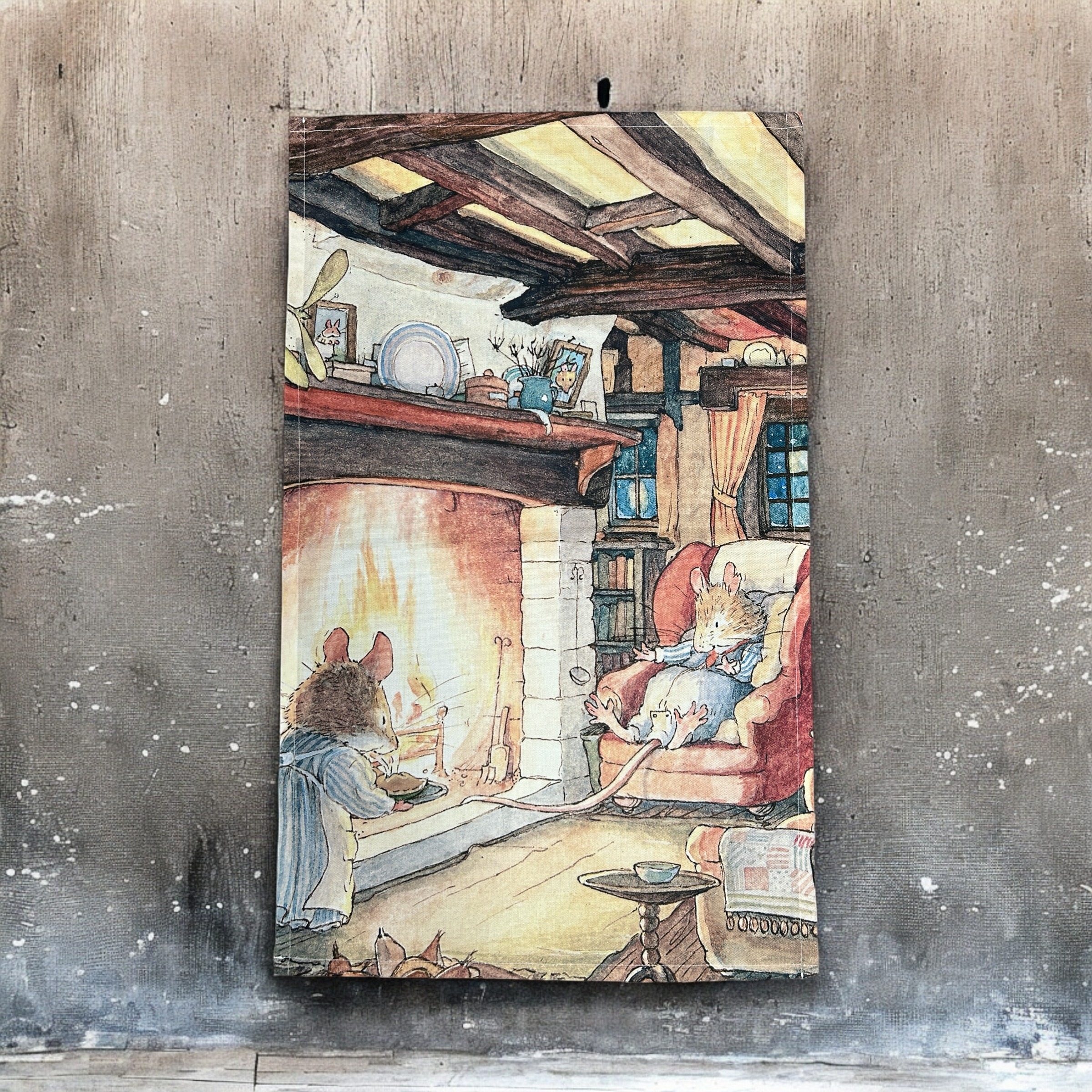 Illustration of two mice in a cozy room with a fireplace and books.