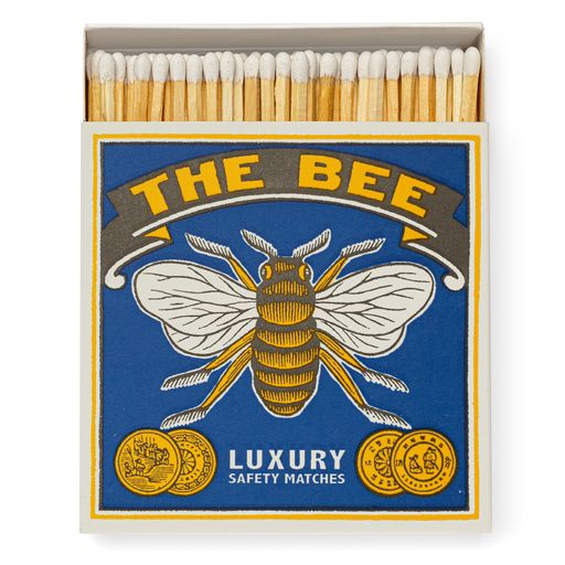 A box of The Bee brand luxury safety matches featuring an illustration of a bumblebee on the front.