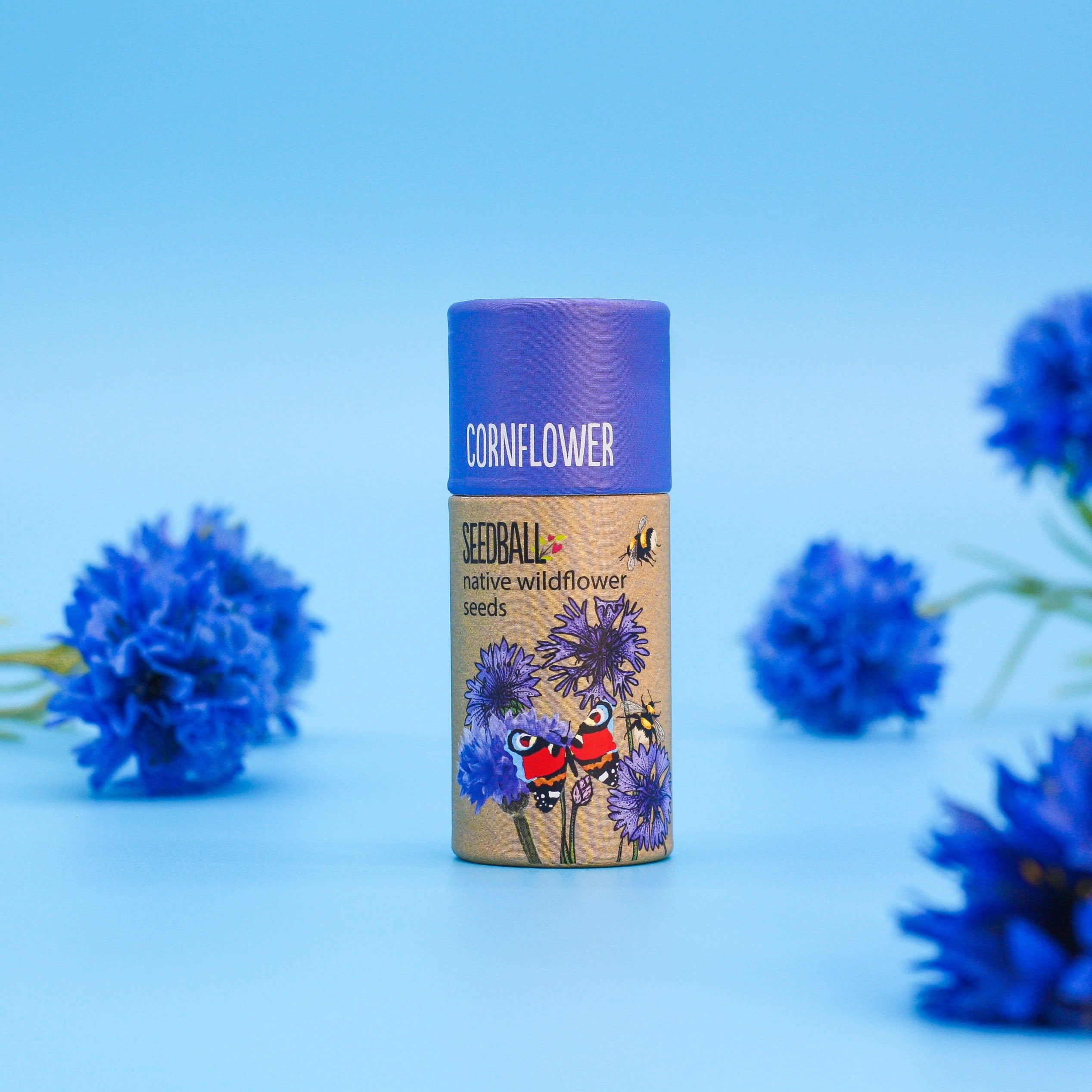 A tube labeled 'Cornflower' with blue flowers depicted on it, surrounded by actual blue cornflower blossoms.