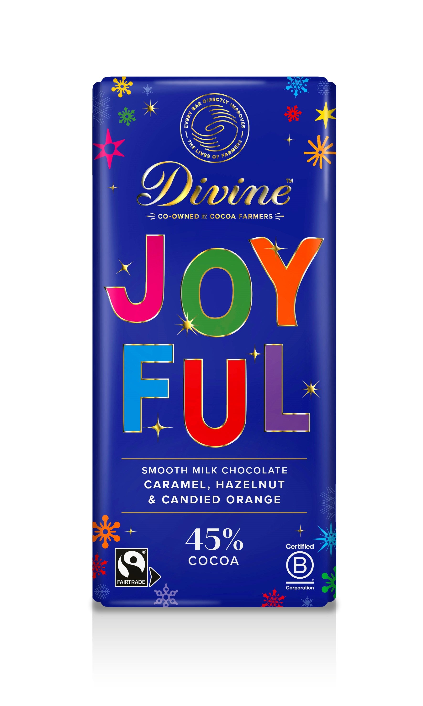 Divine Large Smooth Milk Chocolate Caramel, Hazelnut & Candied Orange Joyful Bar 180g