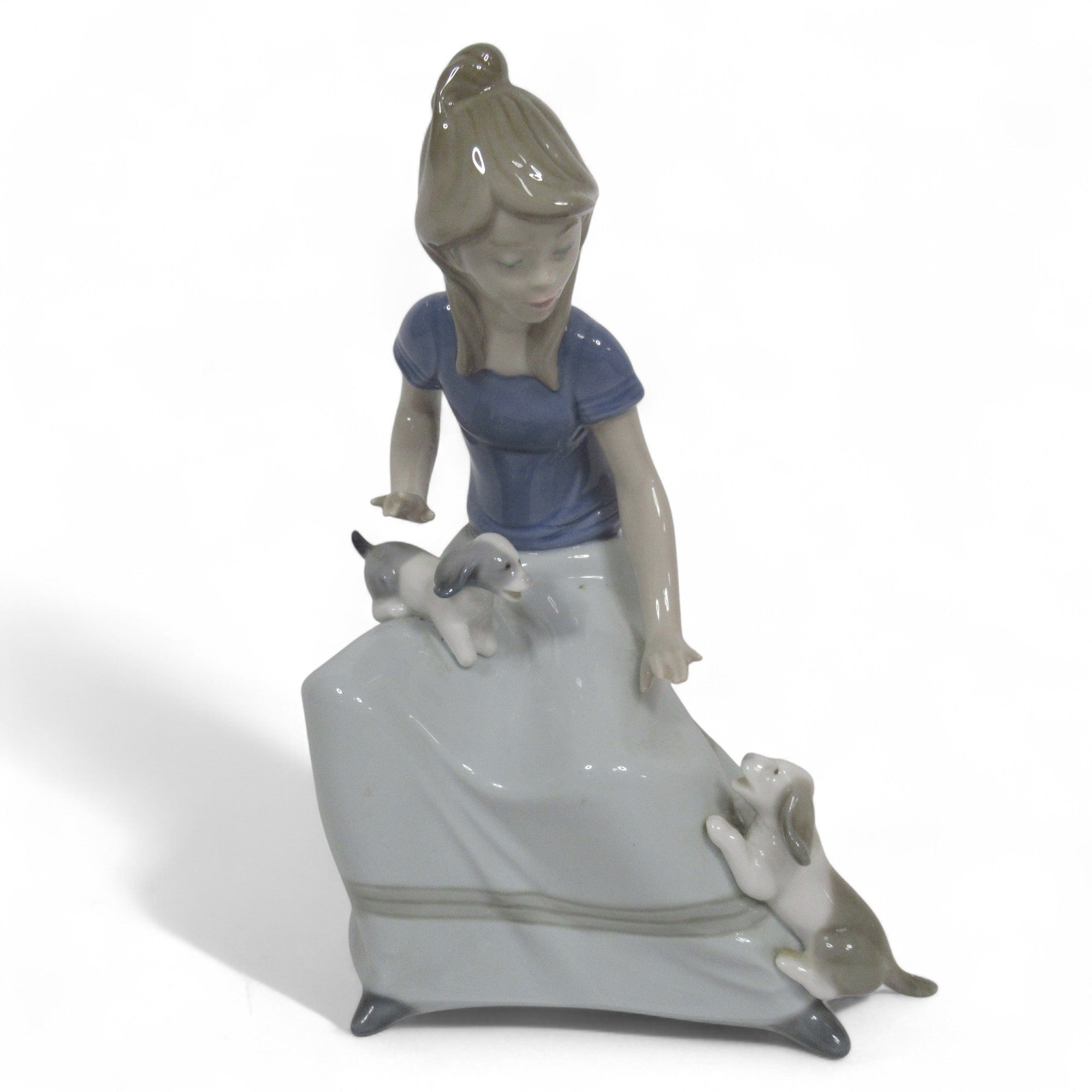 Front image of Nao by Lladro Girl with Puppies 1986 Porcelain Figure