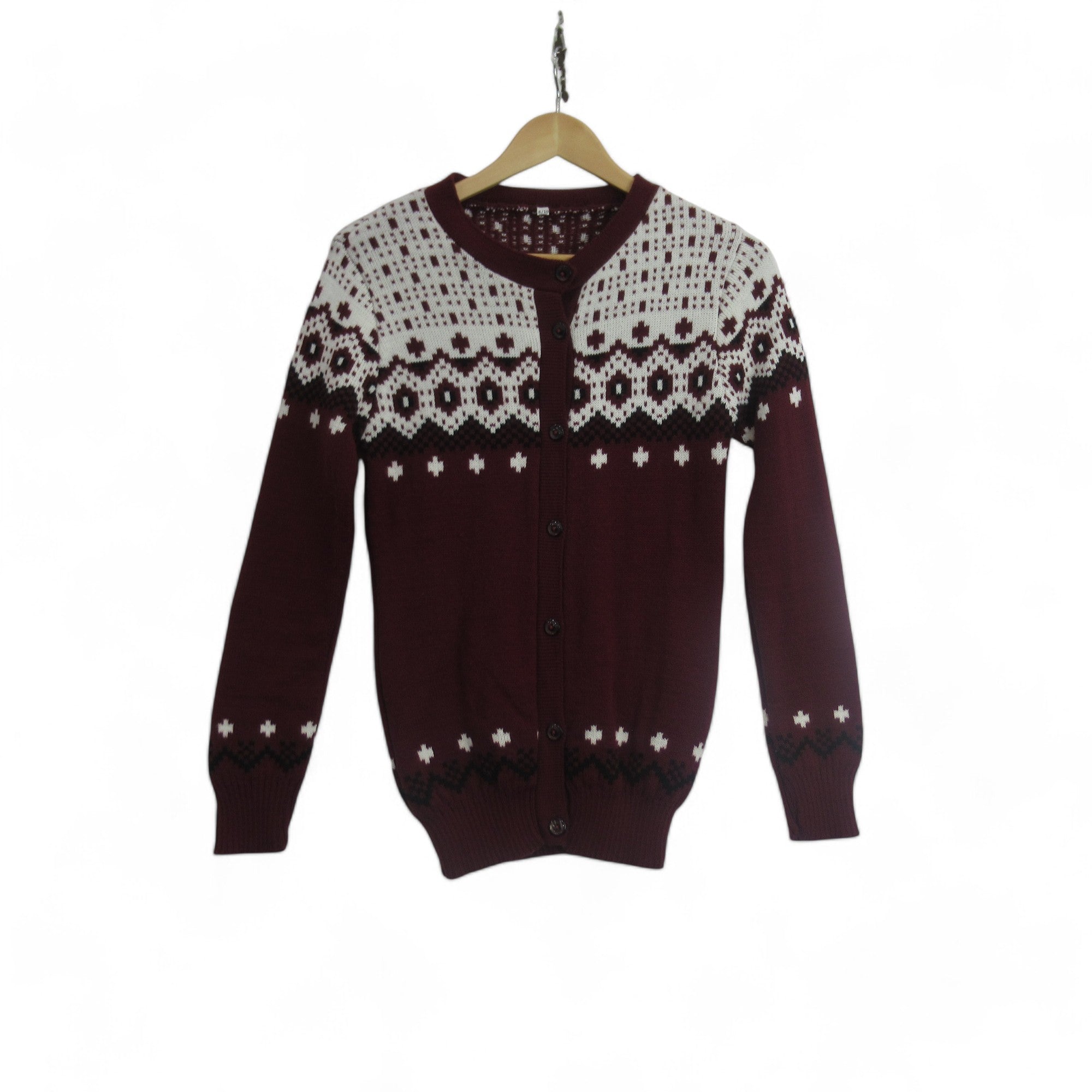 front image for Fair Isle Vintage 8/10 Burgundy Knit Cardigan Womenswear | Preloved