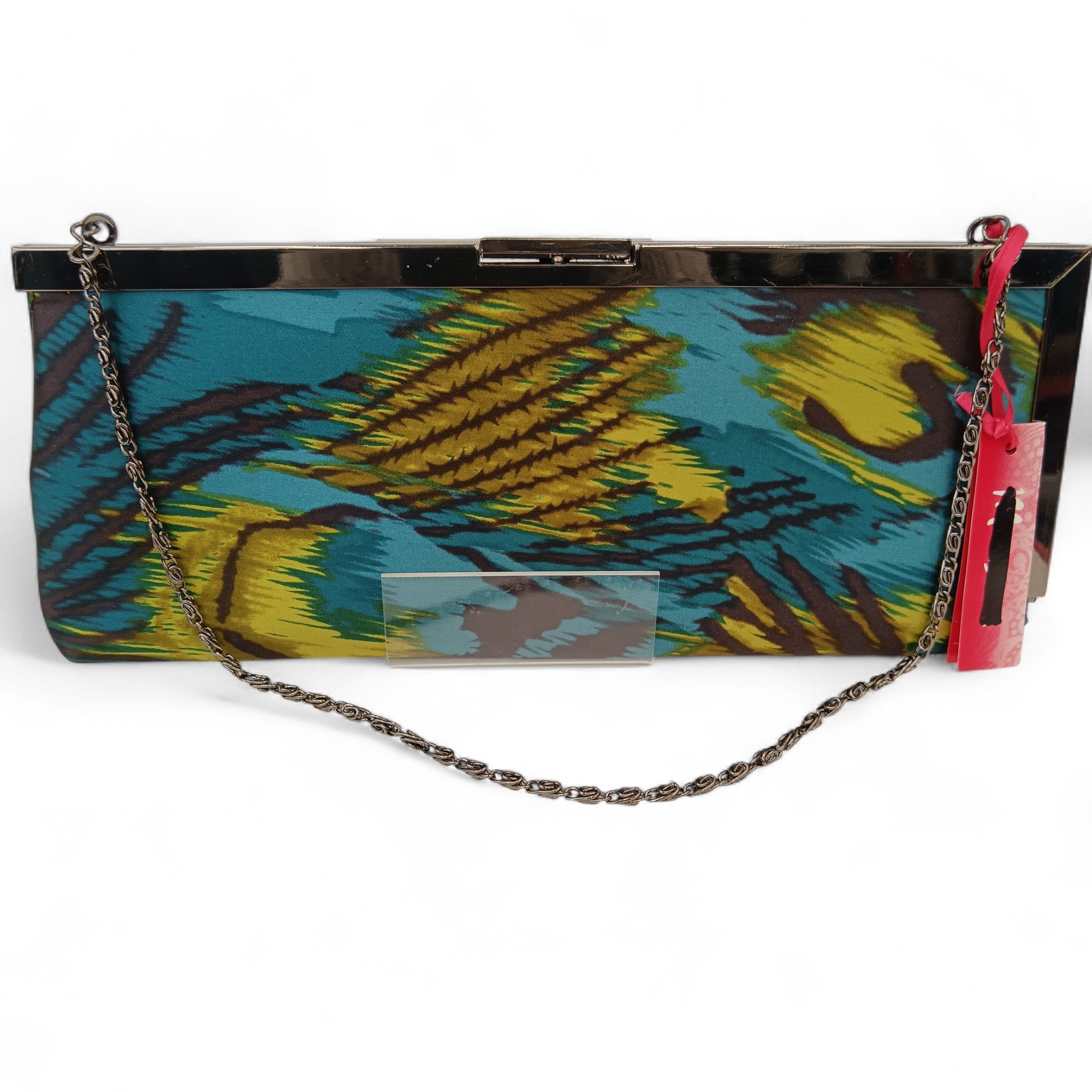 Front image for Monsoon Blue Abstract Print Clutch Bag Chain Strap- Womenswear | Pre-loved