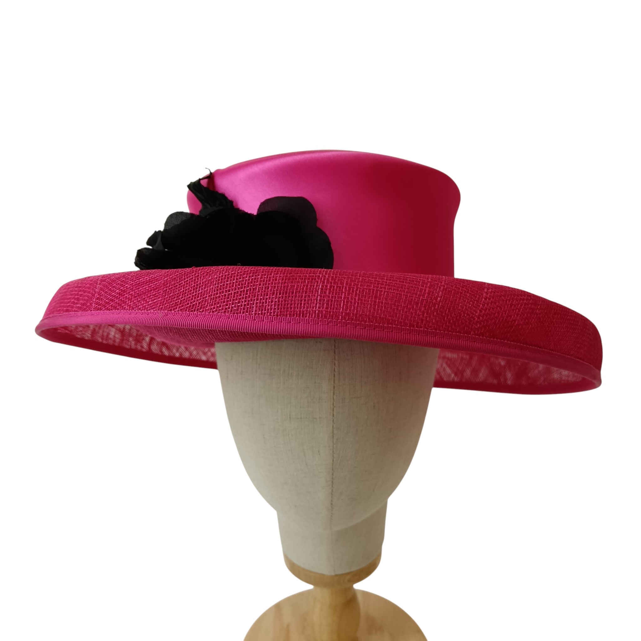 Front image for Whiteley Fuchsia With Black Rose Detail Special Occasion Wedding Hat Womenswear | Pre-loved