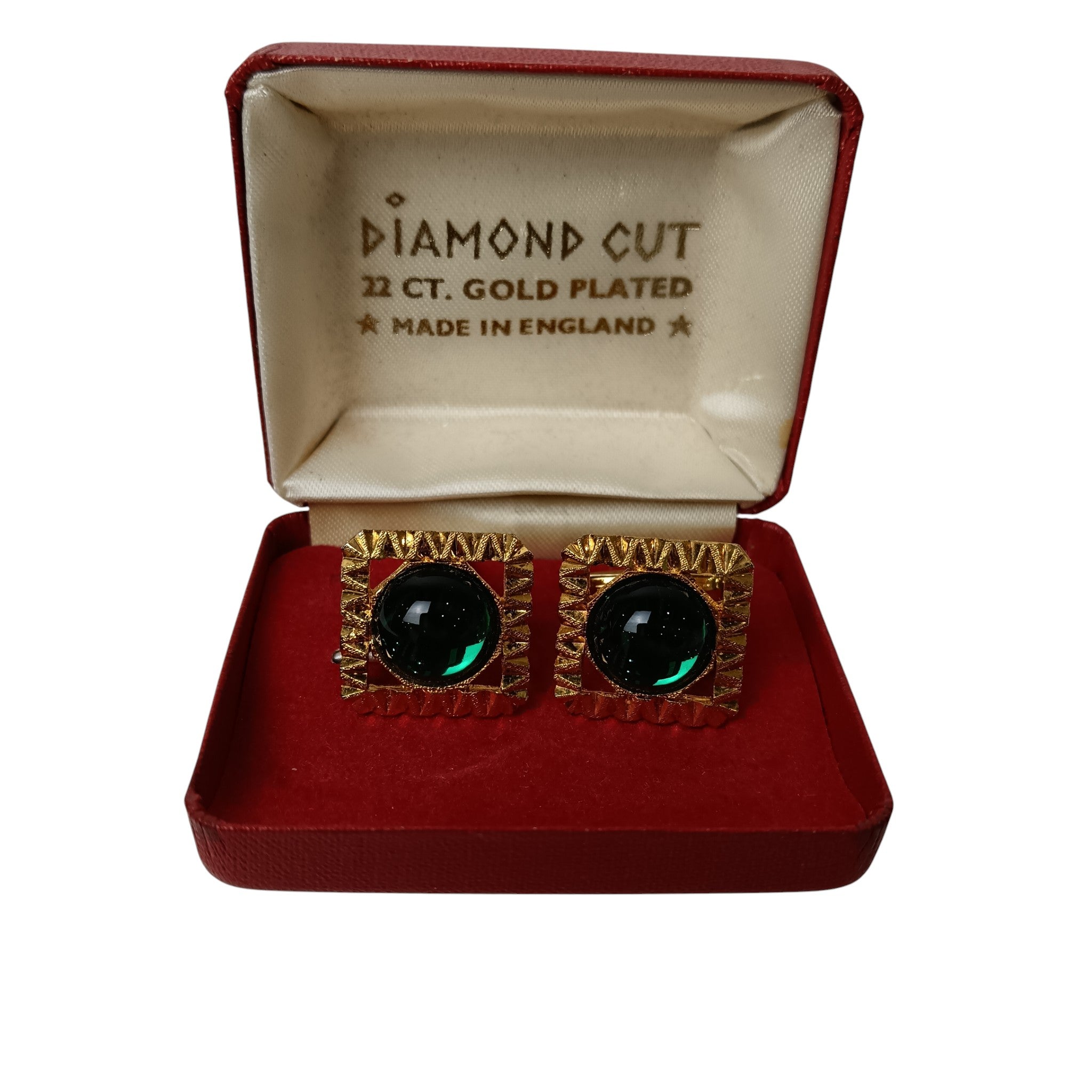 Main image for Vintage Gold Plated Squared Diamond Cut Green Stone Cufflinks Menswear | Preloved