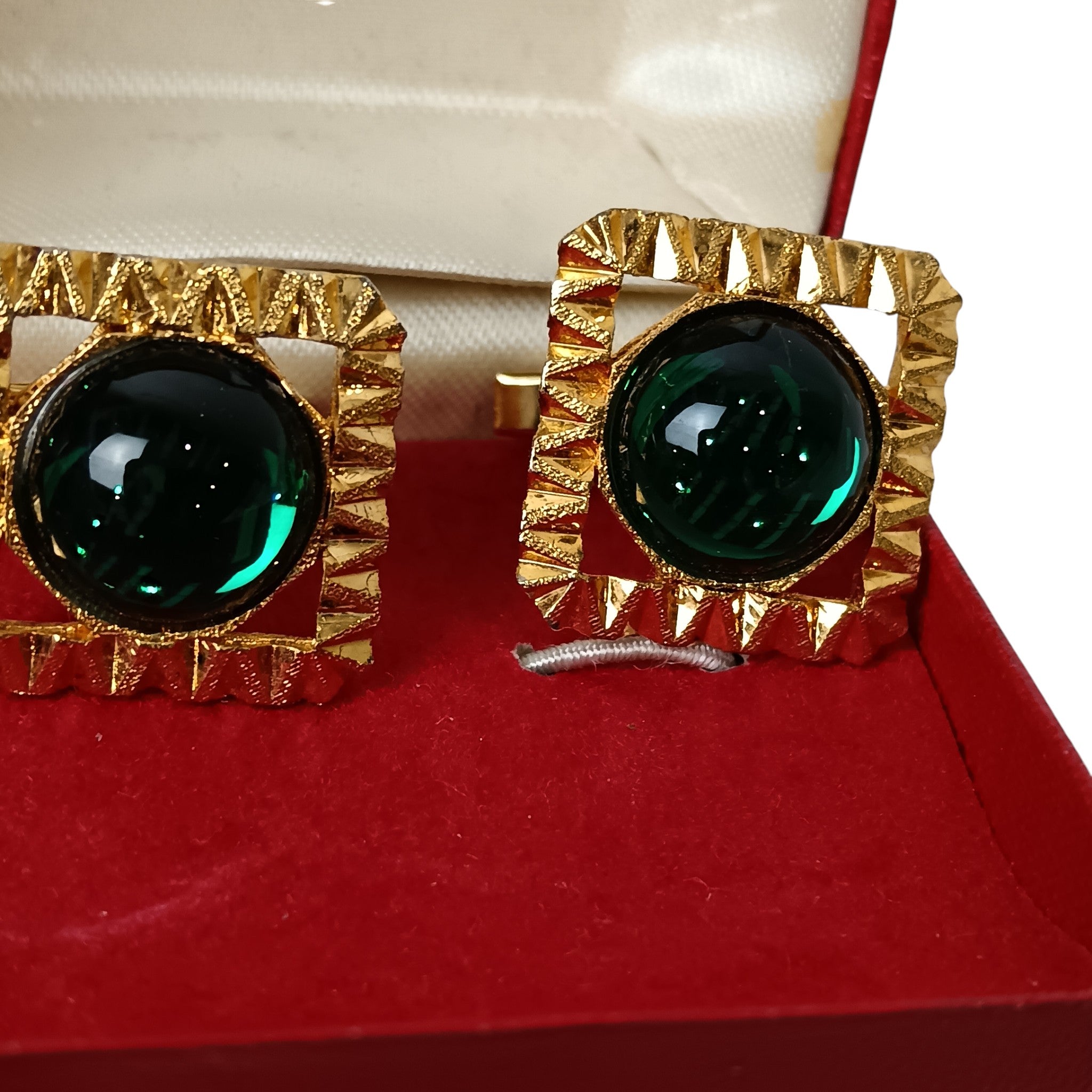 Front image for Vintage Gold Plated Squared Diamond Cut Green Stone Cufflinks Menswear | Preloved