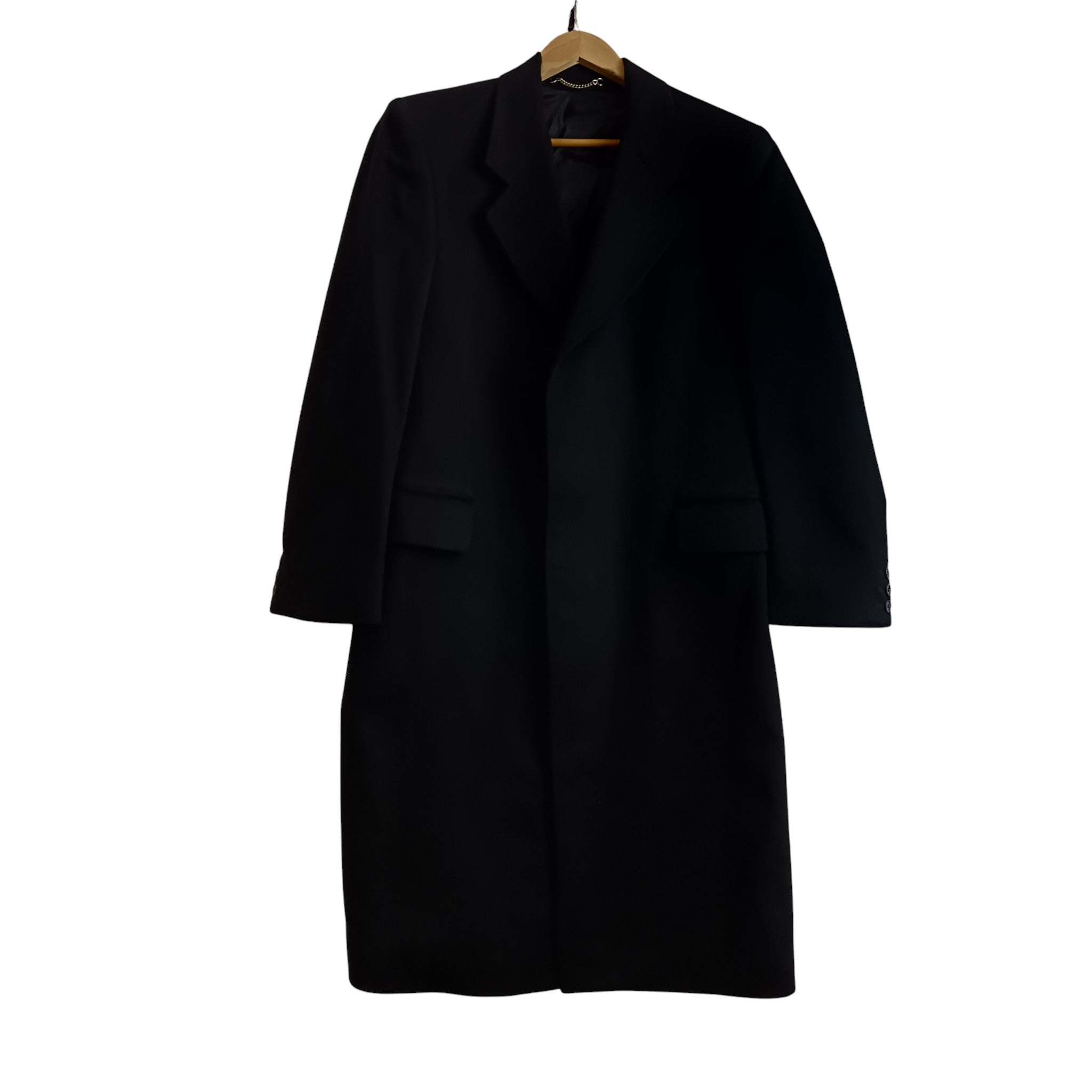 Front image for Vintage Dalah London Black Pure Cashmere Men's Overcoat UK Small Menswear | Pre-loved
