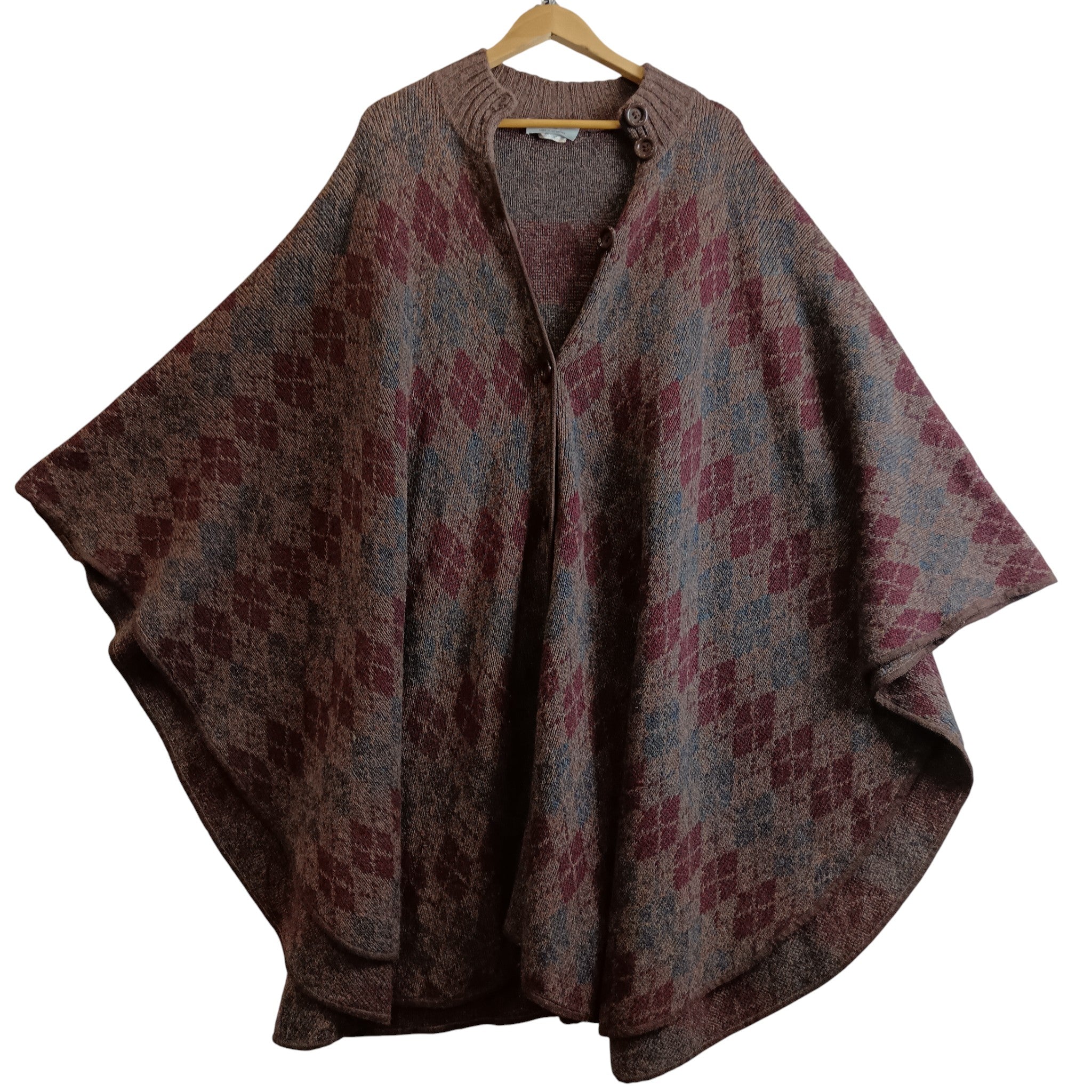 Front image for Aquascutum Shetland Wool Knitted Brown Geometric Pattern Poncho One Size Womenswear | Pre-loved