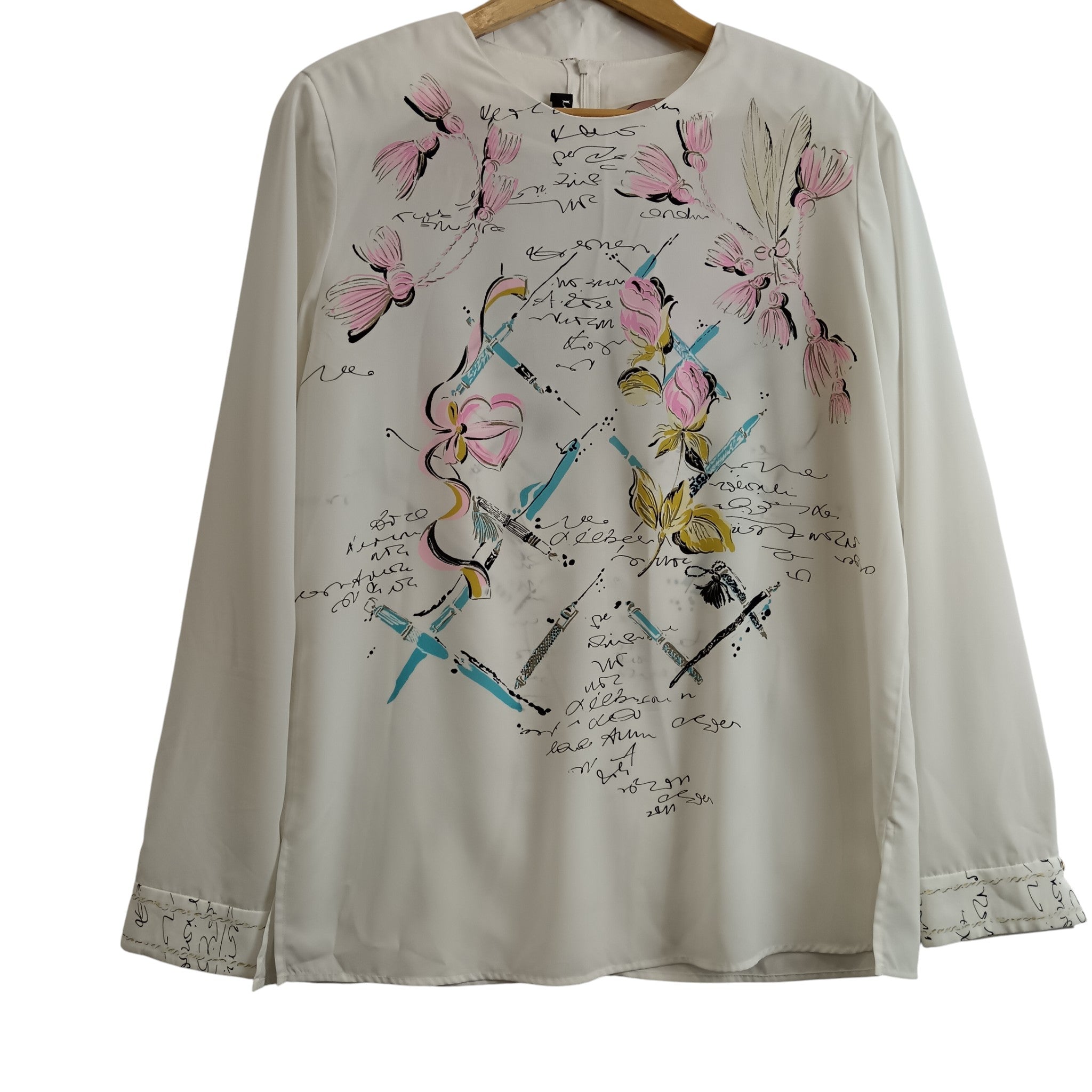 Front image for Louis Feraud White Sleeved Ladies White Botanical Print Blouse UK 14 -Womenswear | Pre-loved