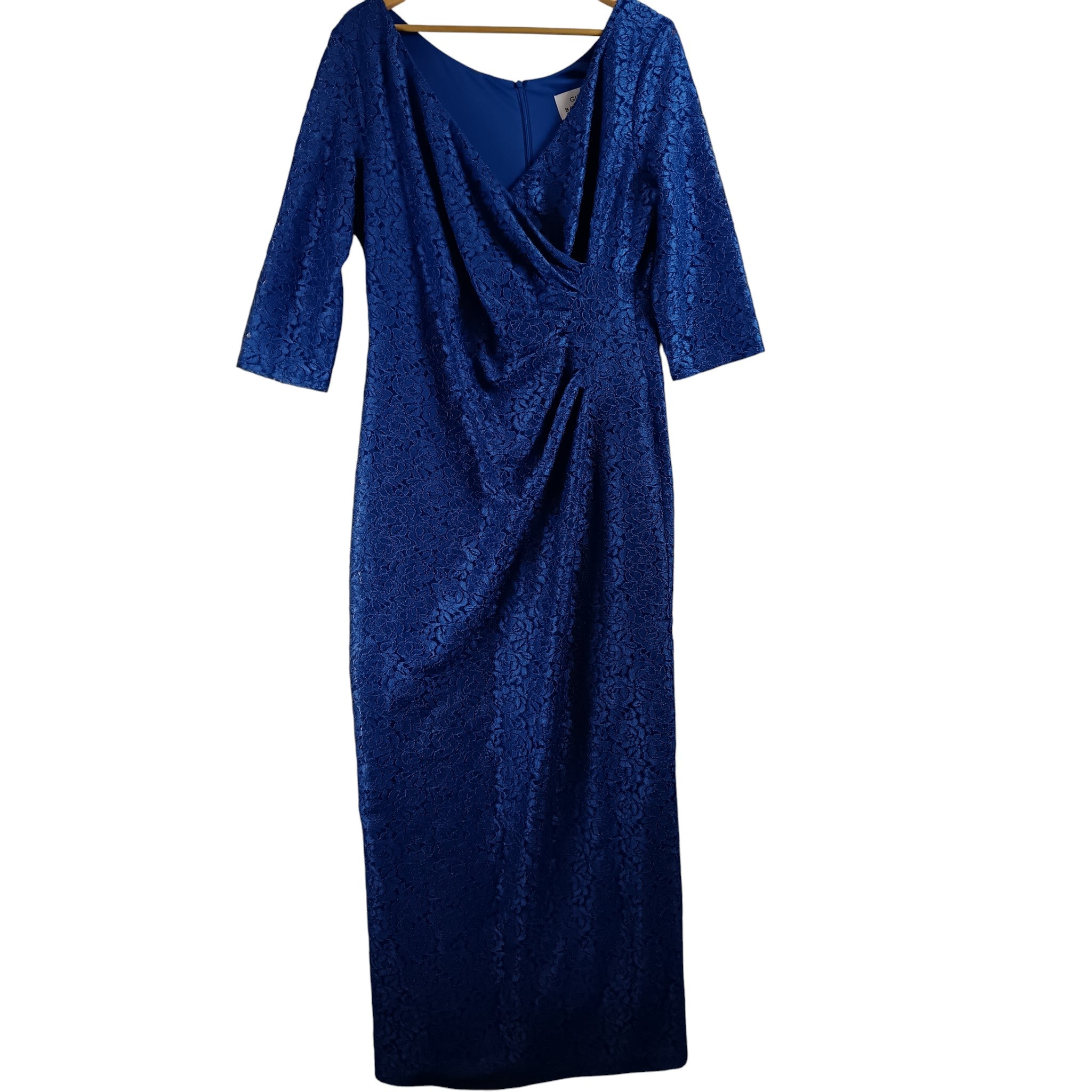 Front image for Gina Bacconi Royal Blue Lace Full Length V-Neck Draped Sleeved Dress UK 18 - Tags On Womenswear | Pre-loved