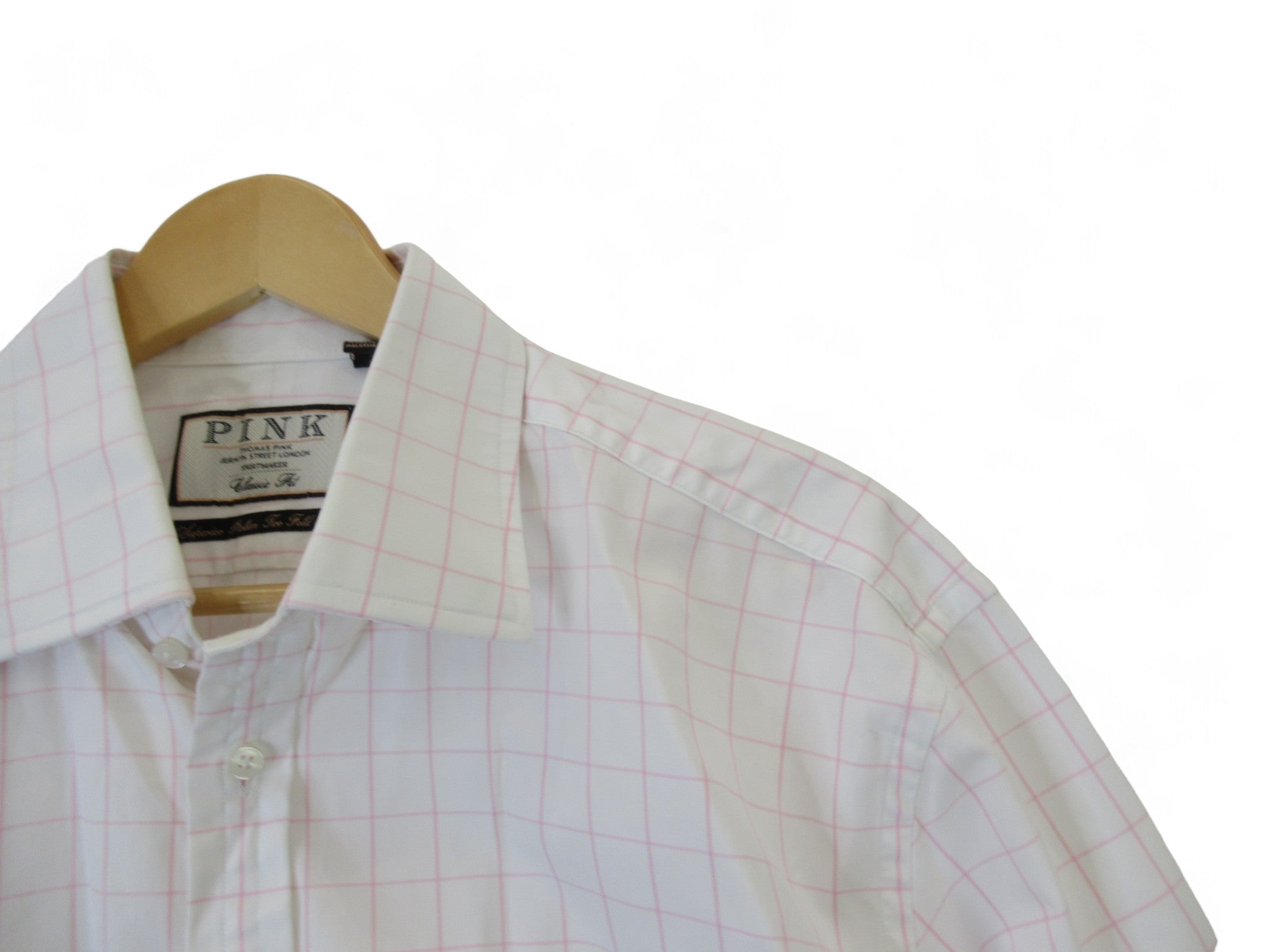 Close up shoulder image for Thomas Pink White Pink Check 17.5" Formal Shirt Menswear | Preloved