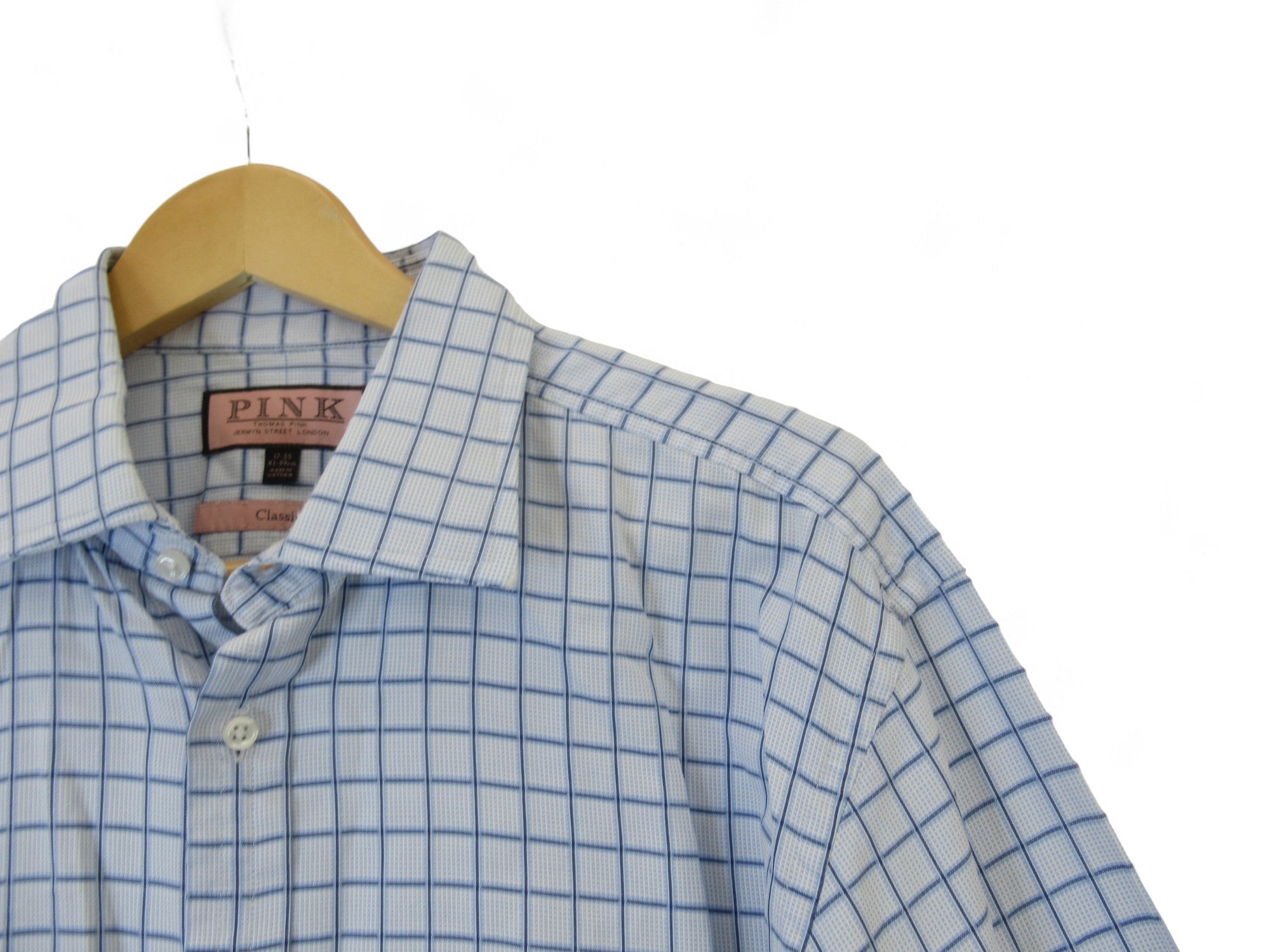 Close up shoulder image for Thomas Pink 17.5" Blue Check Formal Shirt Menswear | Preloved