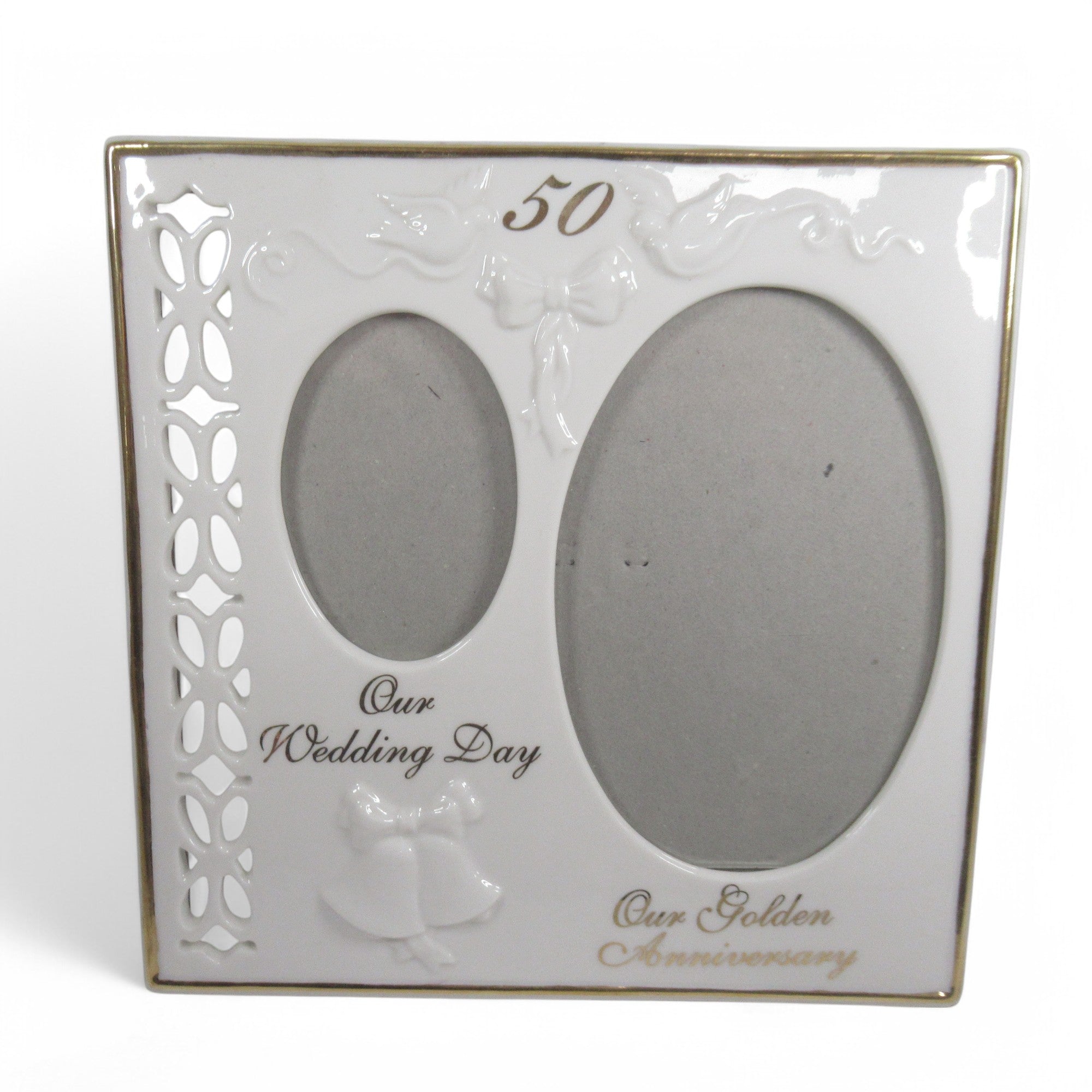Front image of RUSS 50th Anniversary Frame Porcelain White Lace Boxed