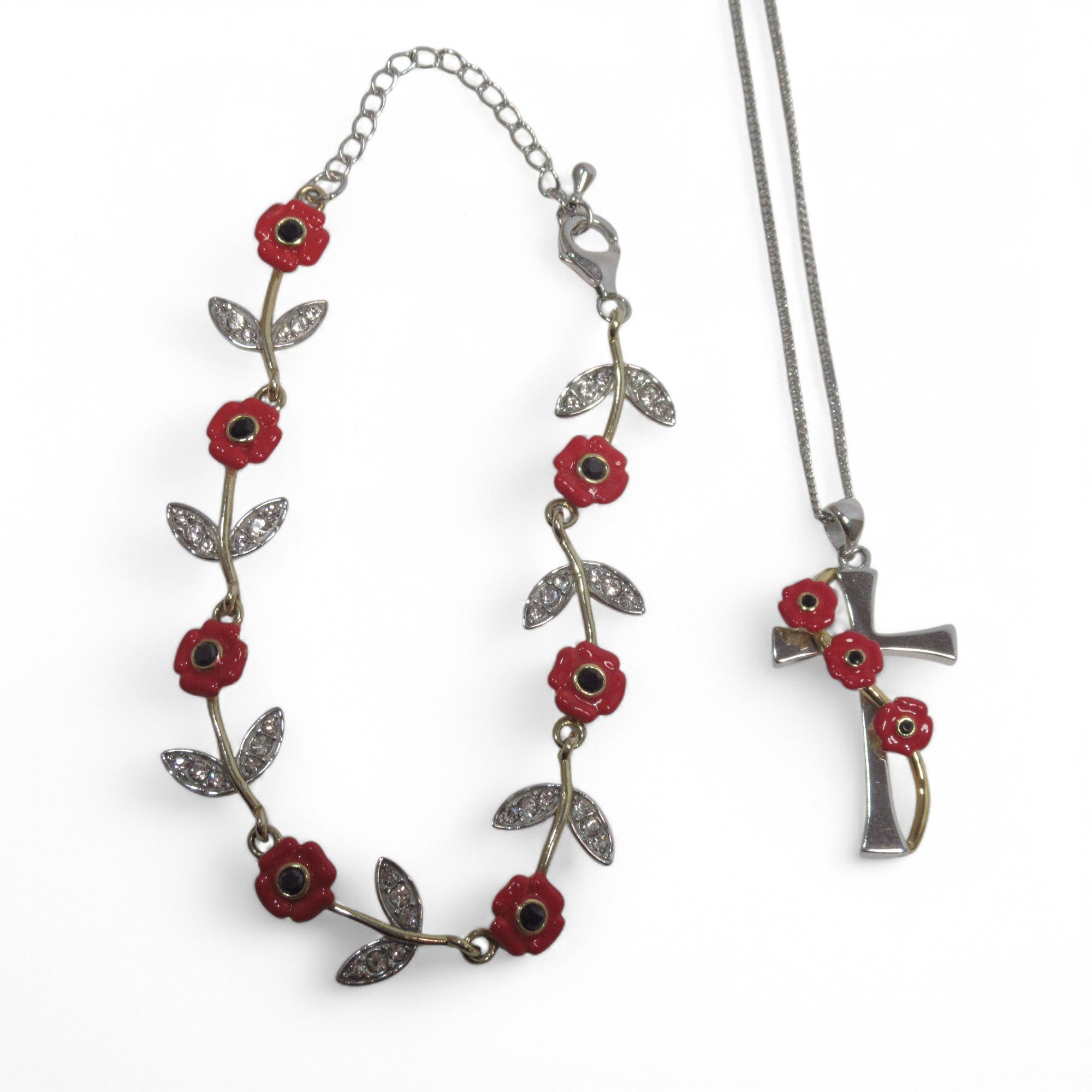 Overview image of Silver Cross Pendant & Bracelet Set w/ Poppy Design