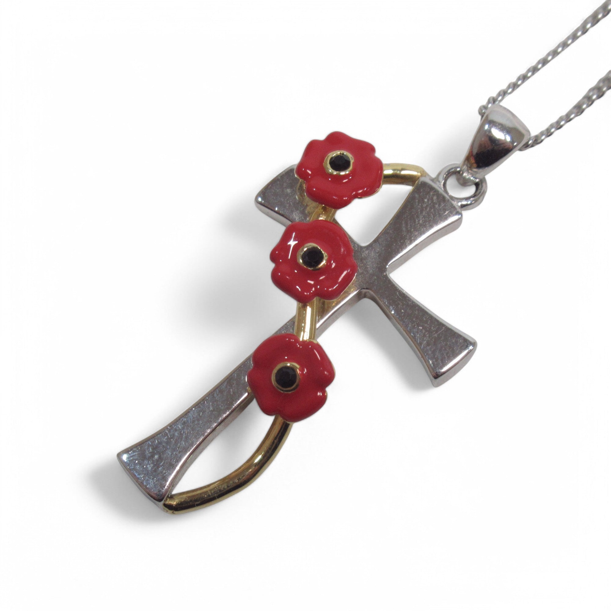 Pendant close up of Silver Cross Pendant & Bracelet Set w/ Poppy Design