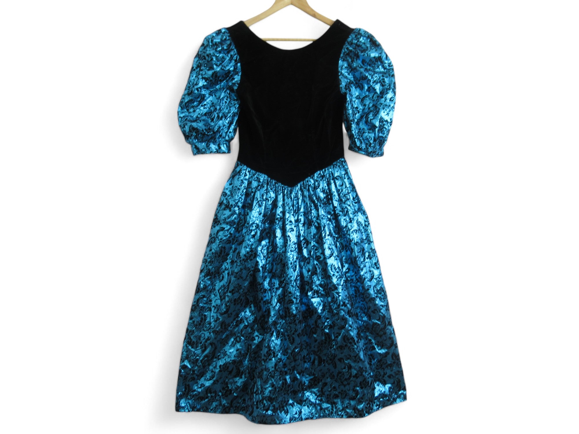 Front image for Richards Vintage UK8 Black Blue Metallic Gown Womenswear | Preloved