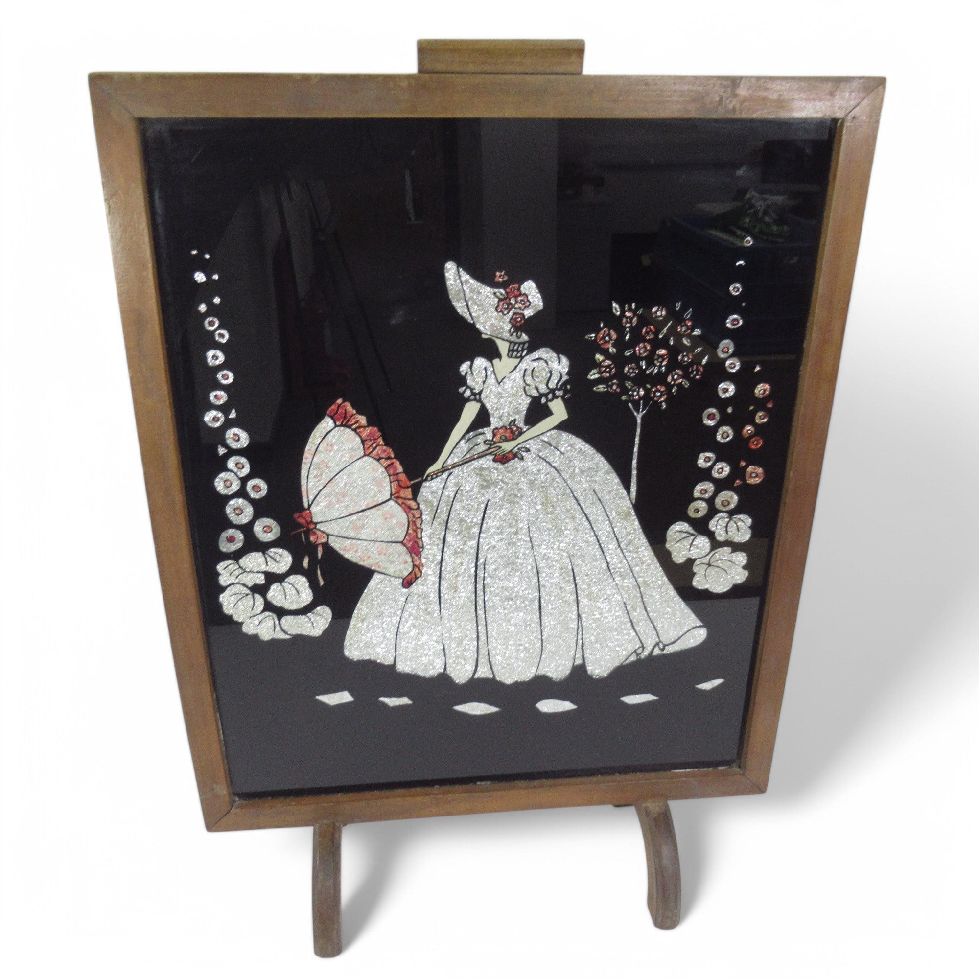 Front image of Wooden Fire Surround Foil Crinoline Lady Design Floral 1930s