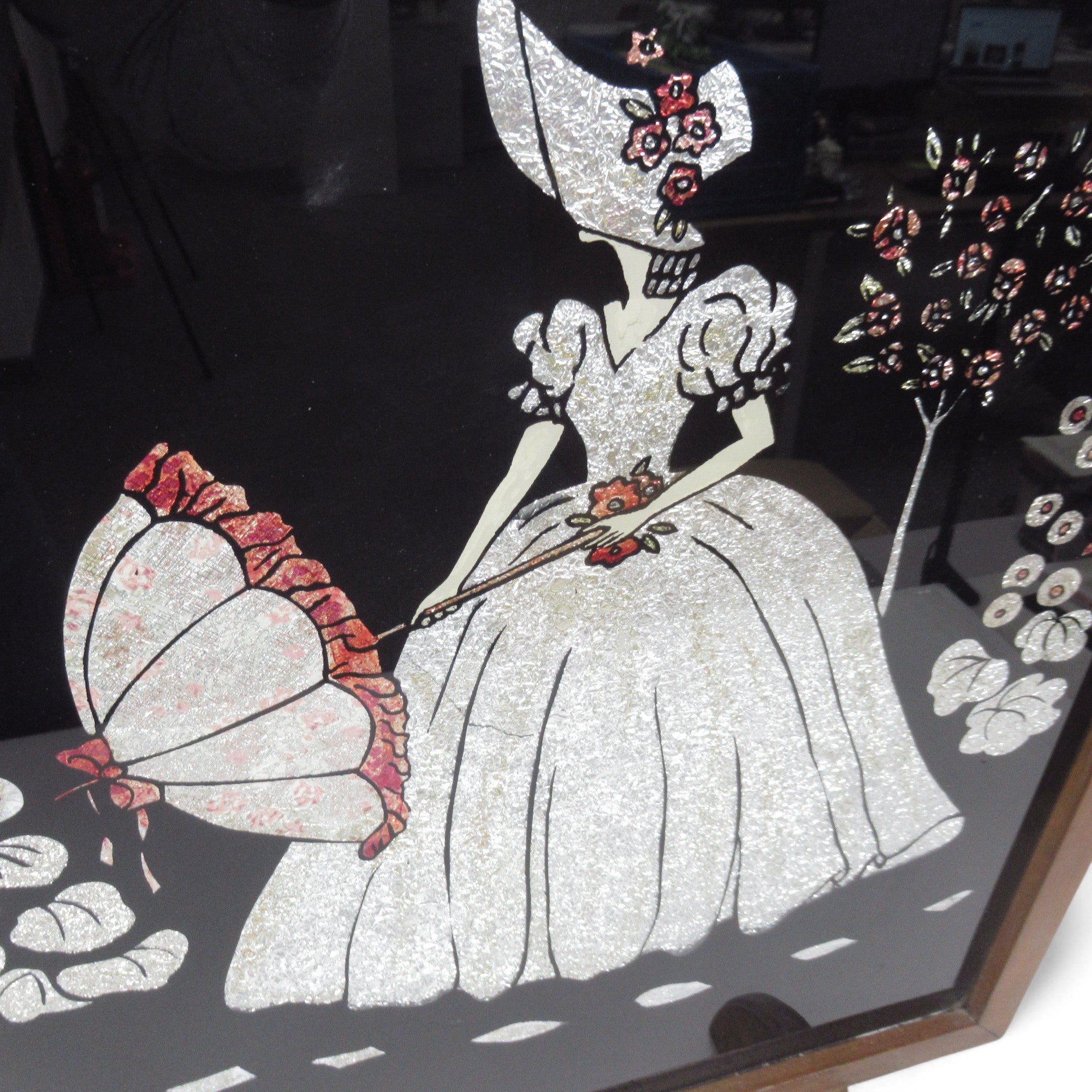 Close up 1 of Wooden Fire Surround Foil Crinoline Lady Design Floral 1930s
