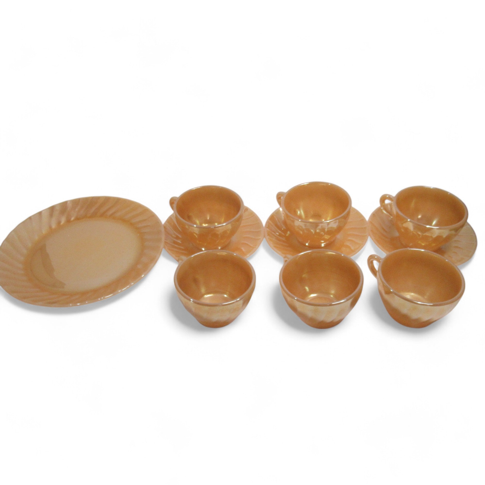 Overview image of Crisa Peach Lustre Glass Tea Set Mexico 10-Piece Vintage