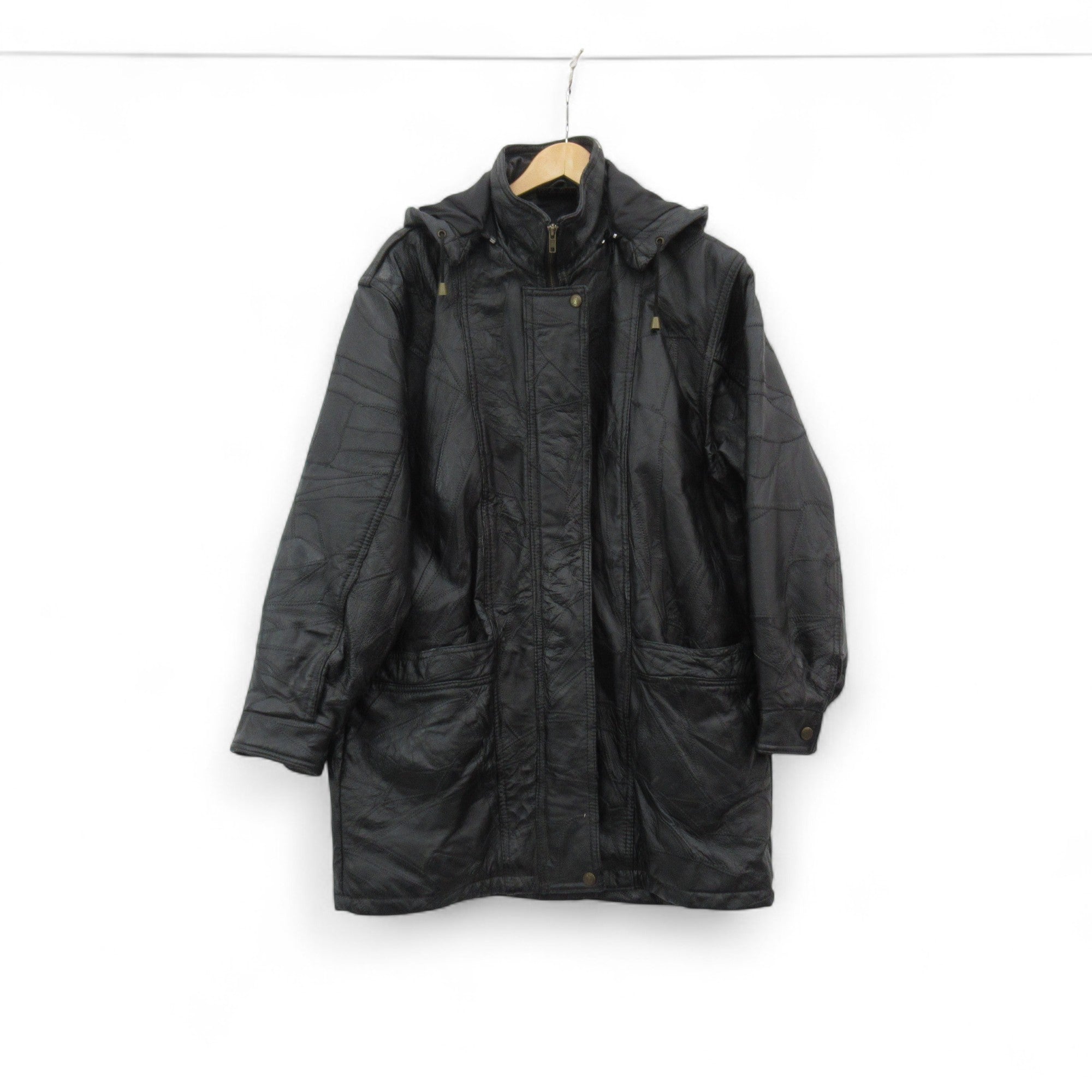 front image for  Vintage Leather Coat Large Black Hooded Womenswear | Pre-loved