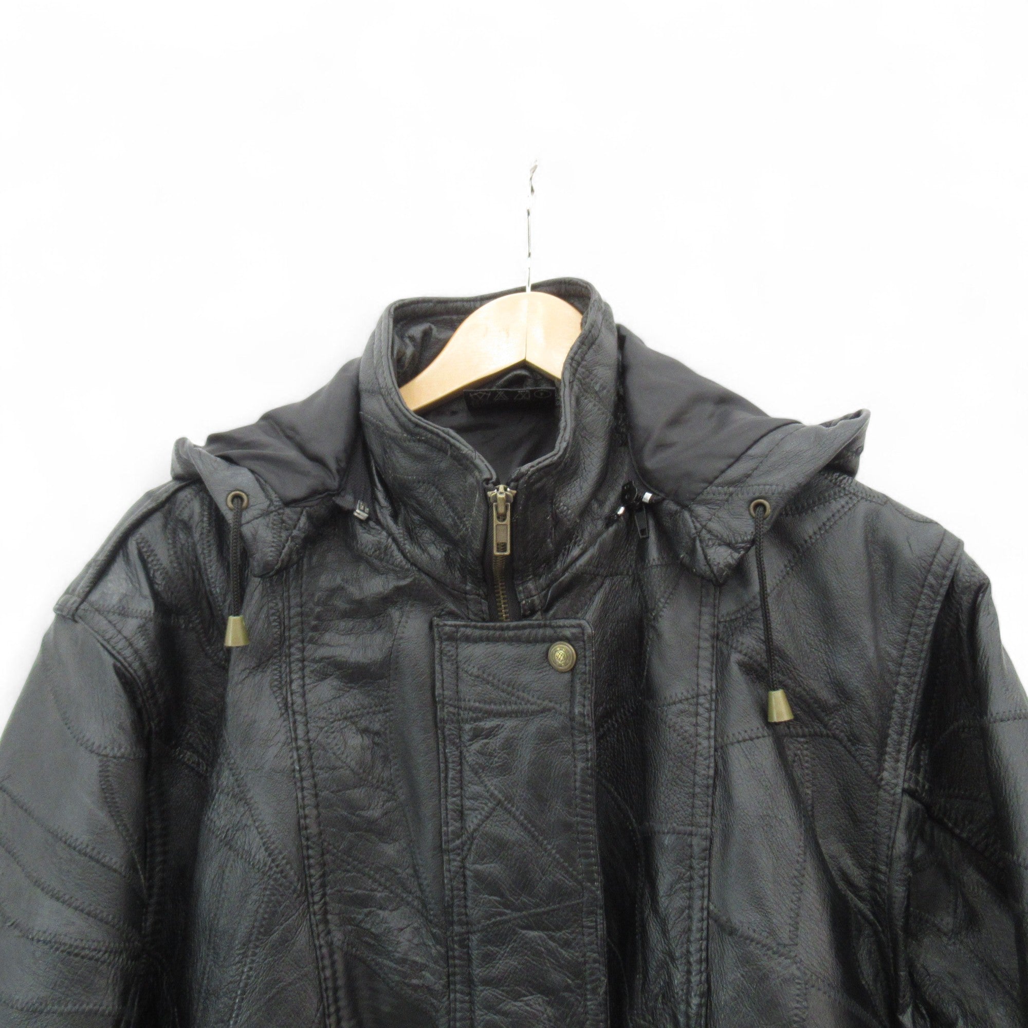 top image for Vintage Leather Coat Large Black Hooded Womenswear | Pre-loved