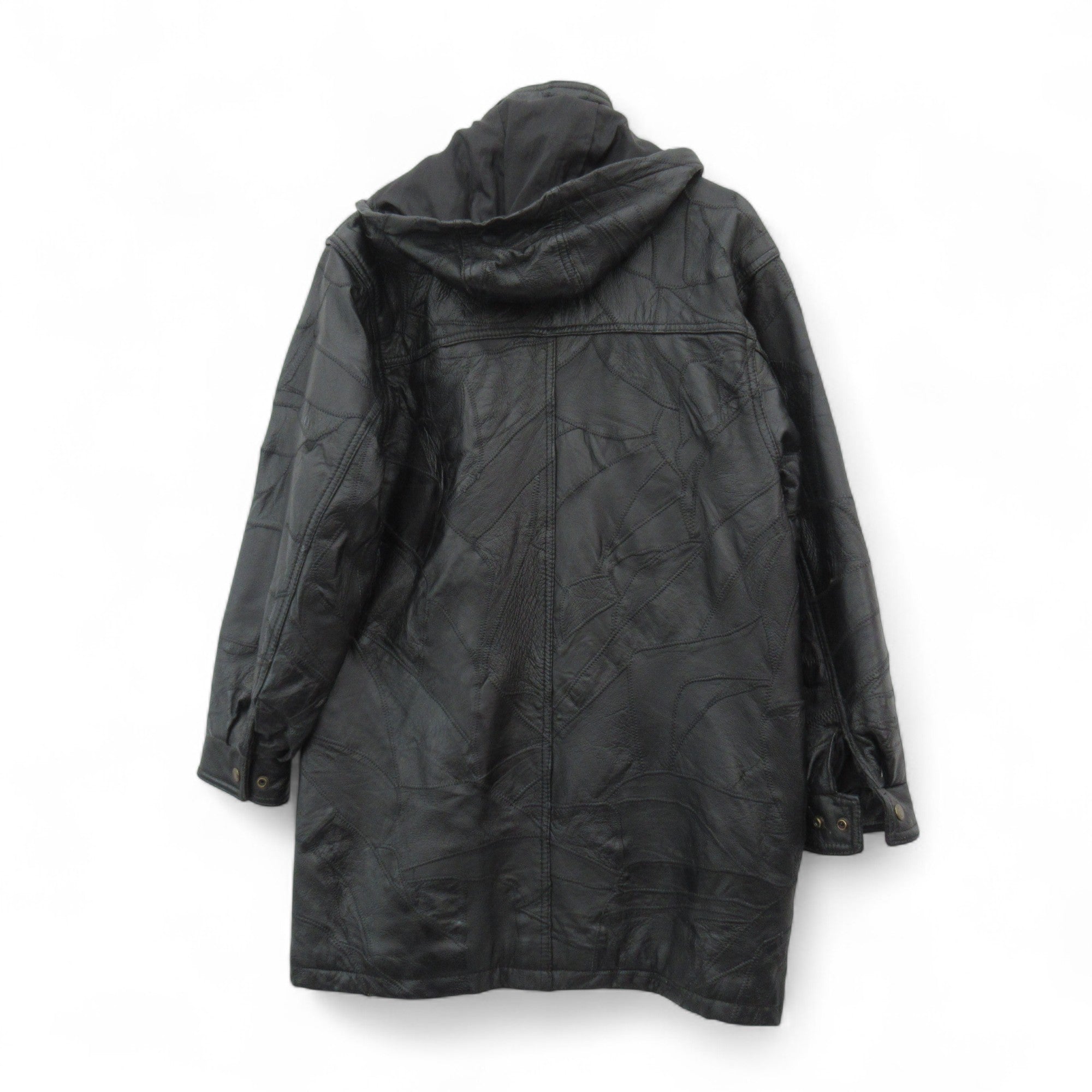 back image for Vintage Leather Coat Large Black Hooded Womenswear | Pre-loved