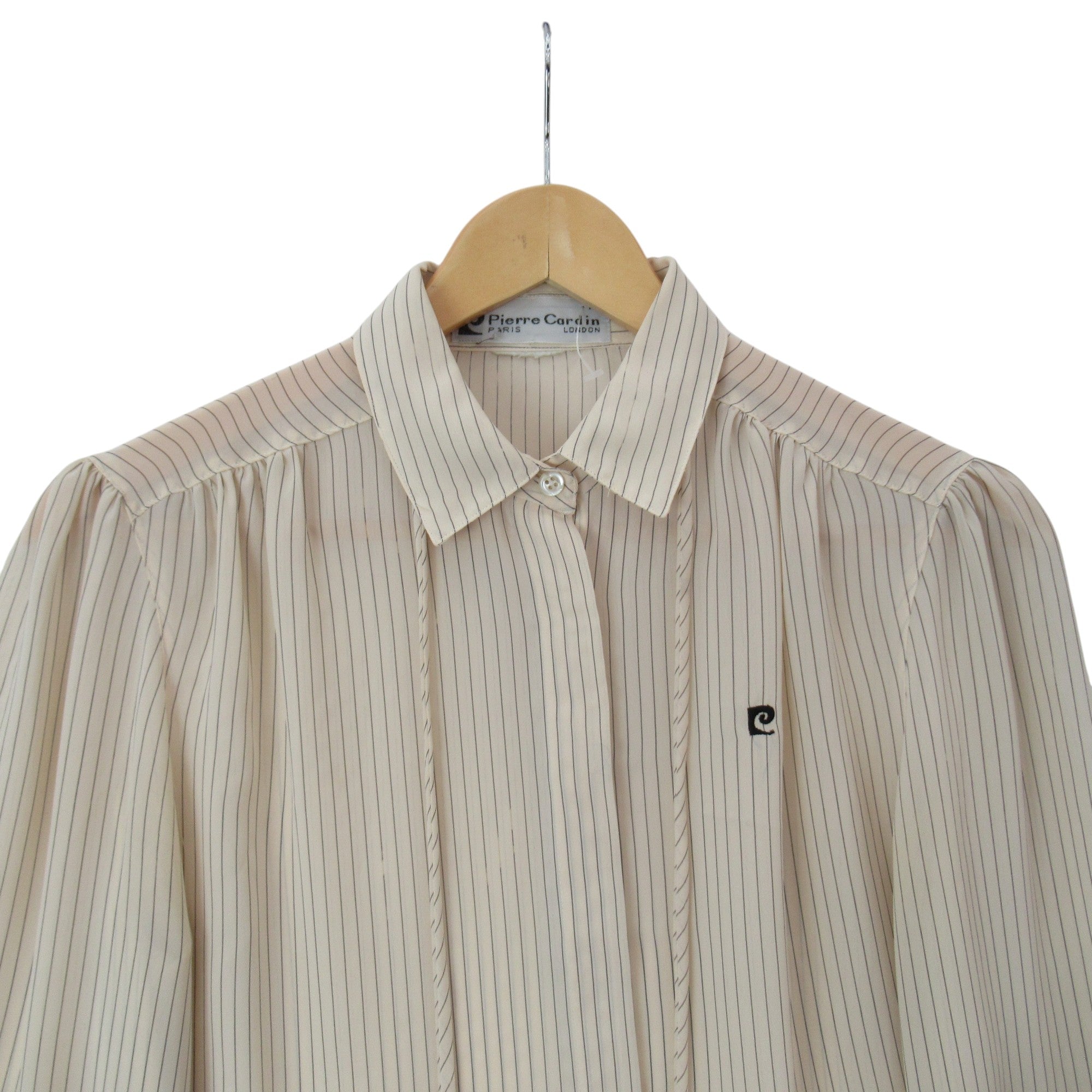 collar image for Pierre Cardin Vintage Blouse UK 12 Ivory Pinstripe Womenswear | Pre-loved