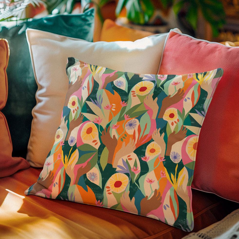 Front image of Cushion Cover designed by artist Lily Windsor Walker on a sofa with other cushions