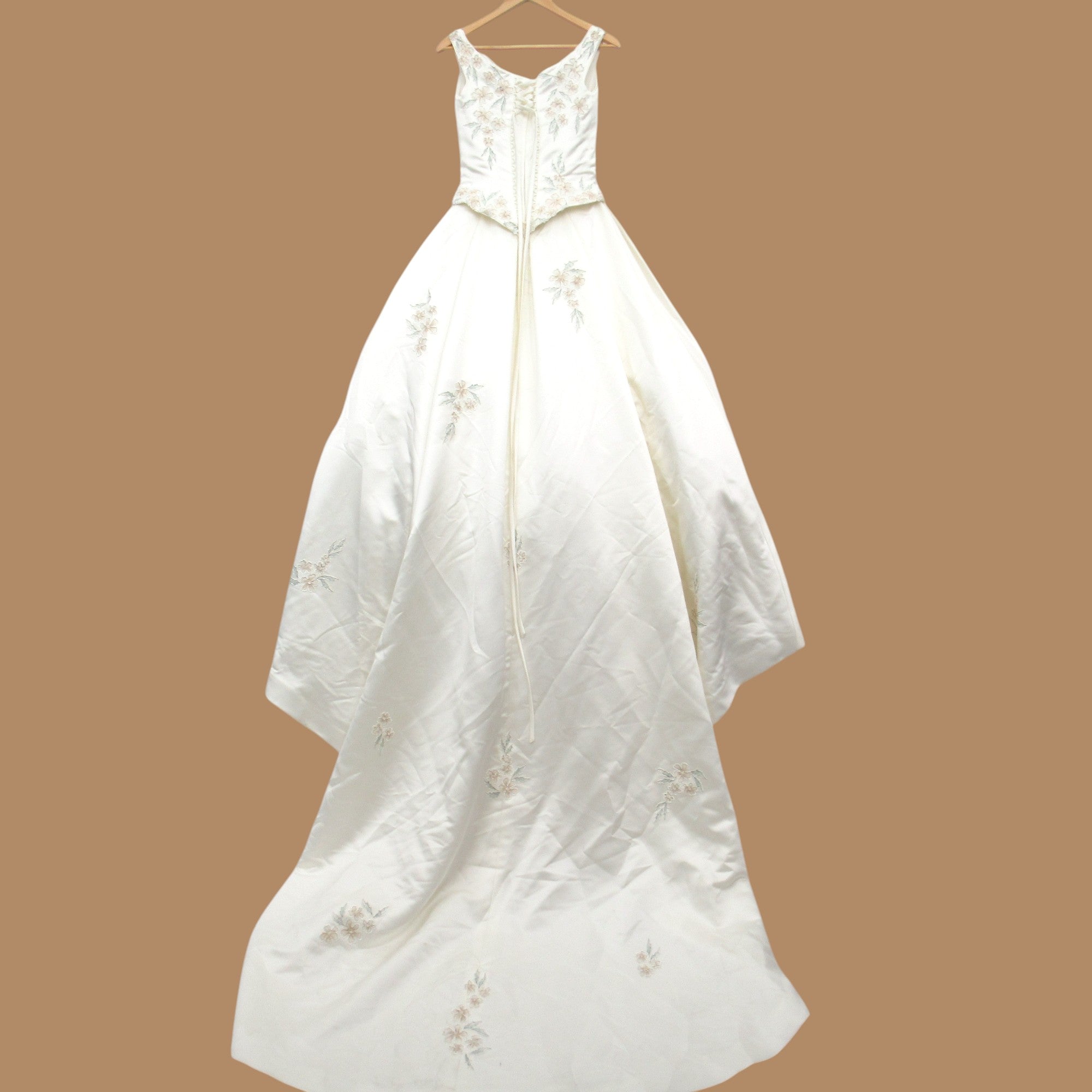 back image for Wedding Dress Ivory Satin Flowers UK 14 Womenswear | Pre-loved