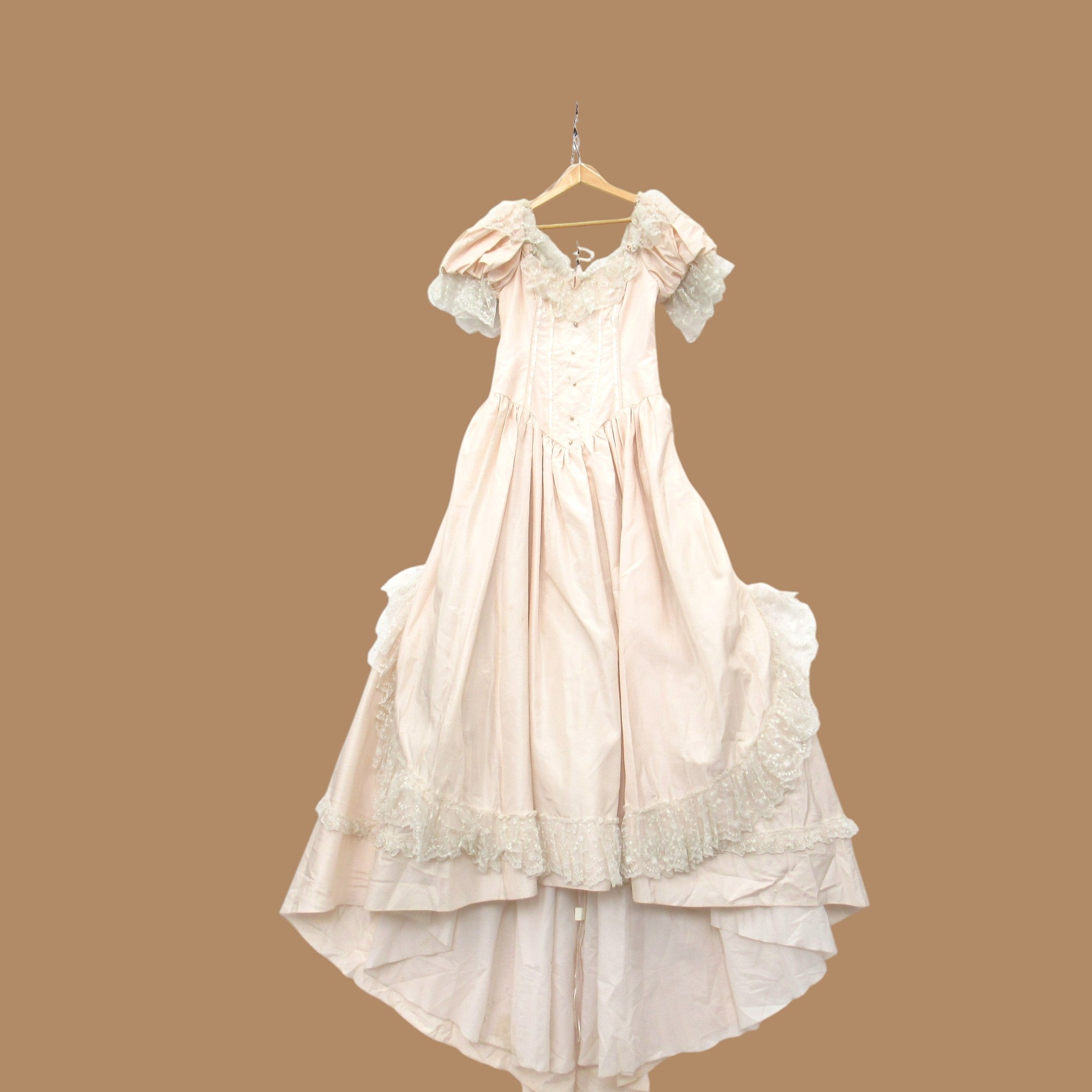 front image for Ronald Joyce Vintage Wedding Dress Pink Frill UK 14 Womenswear | Pre-loved