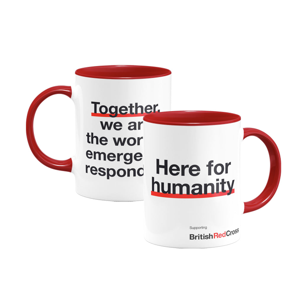 Two mugs with red handles and British Red Cross branding on a white background