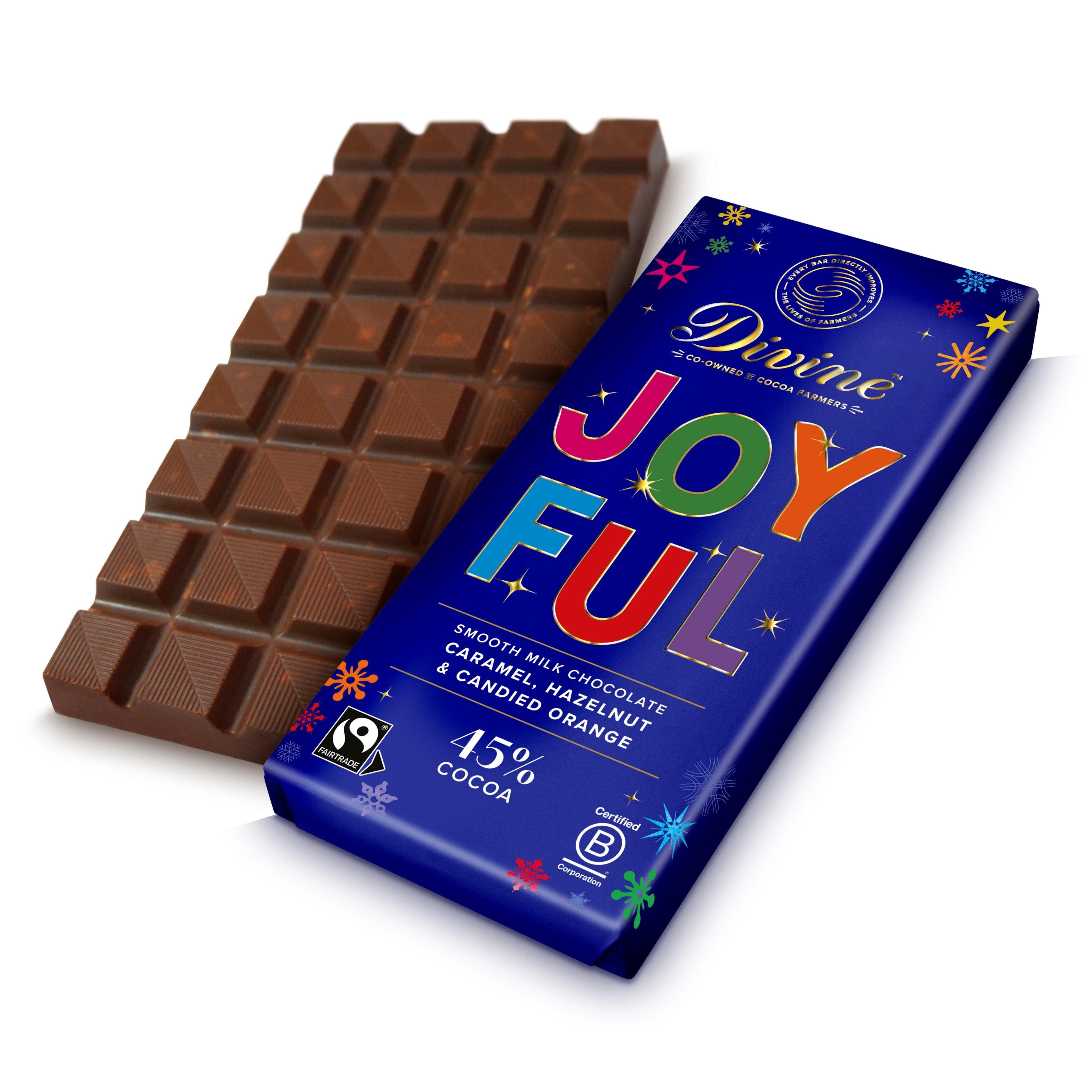 Divine Large Smooth Milk Chocolate Caramel, Hazelnut & Candied Orange Joyful Bar 180g