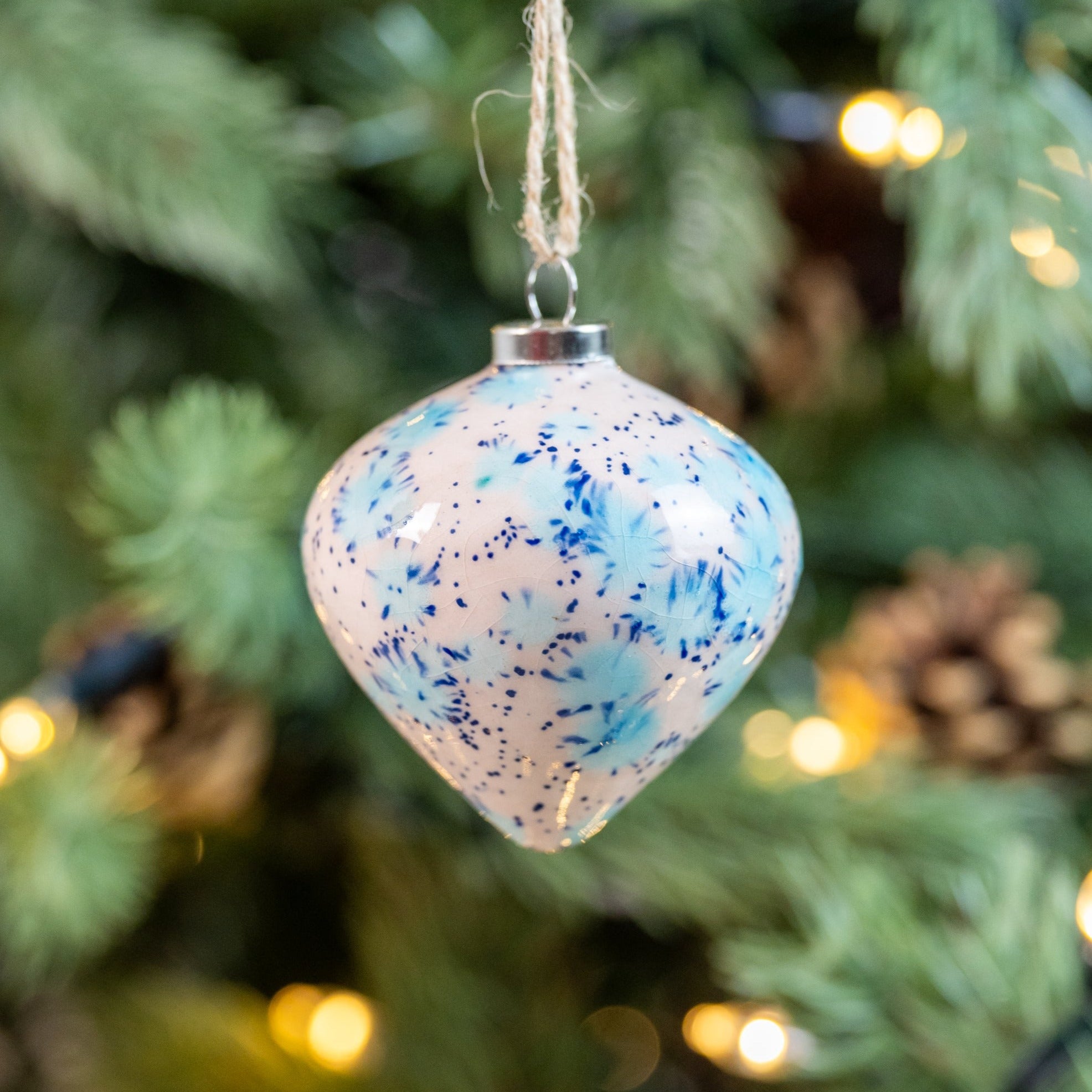 Blue & Cream Hand-Painted Ceramic Bauble | Diamond Shape