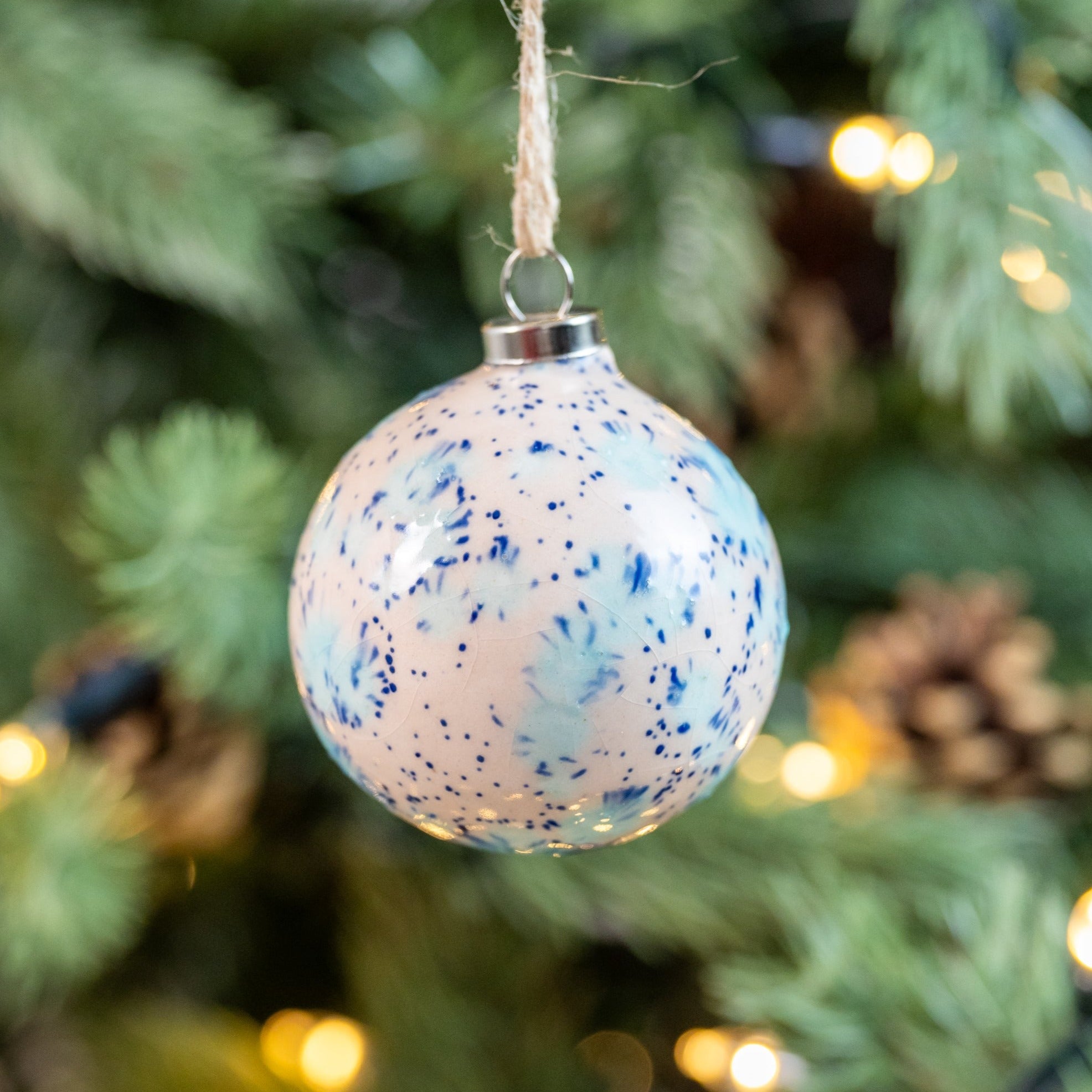 Blue & Cream Hand-Painted Ceramic Bauble | Round Shape