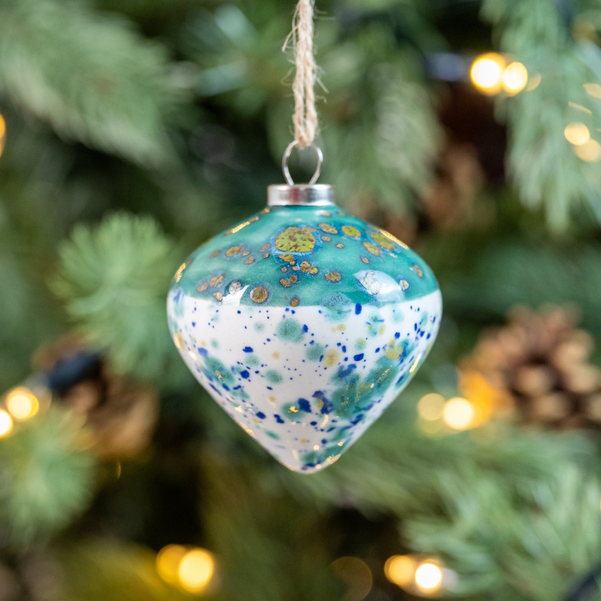 Turquoise & White Hand-Painted Ceramic Bauble | Diamond Shape