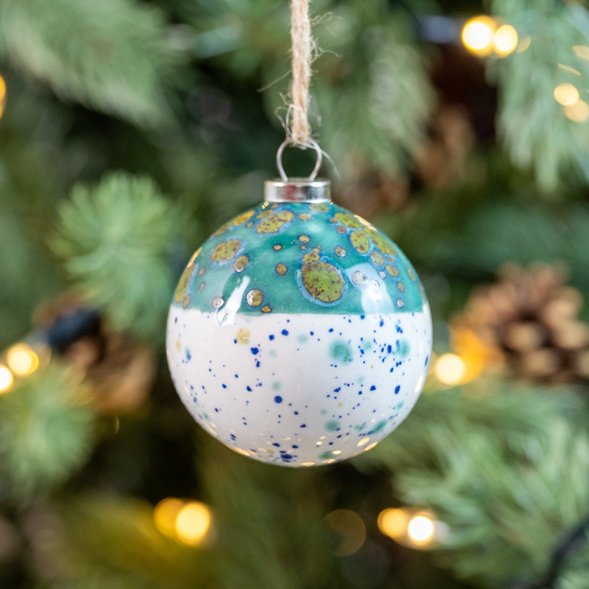 Turquoise & White Hand-Painted Ceramic Bauble | Round Shape