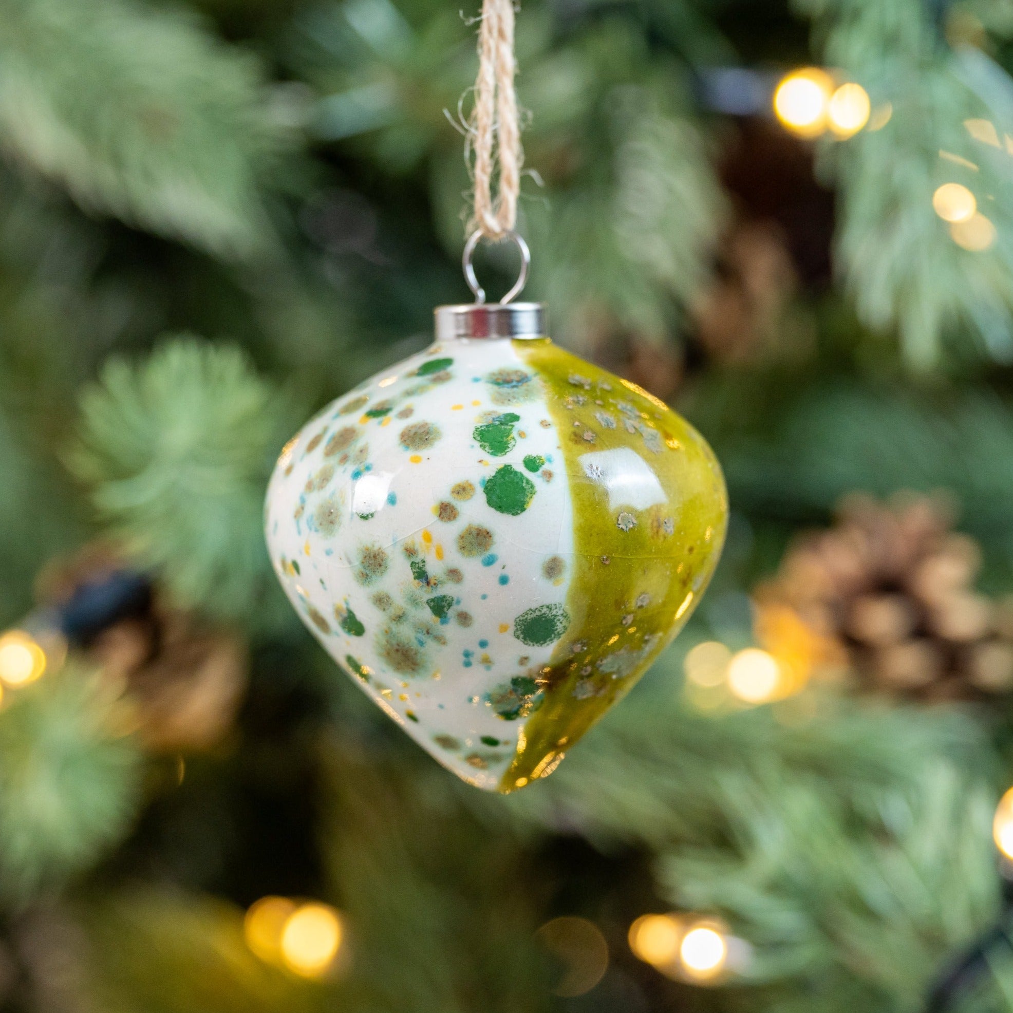 Green Hand-Painted Ceramic Bauble | Diamond Shape