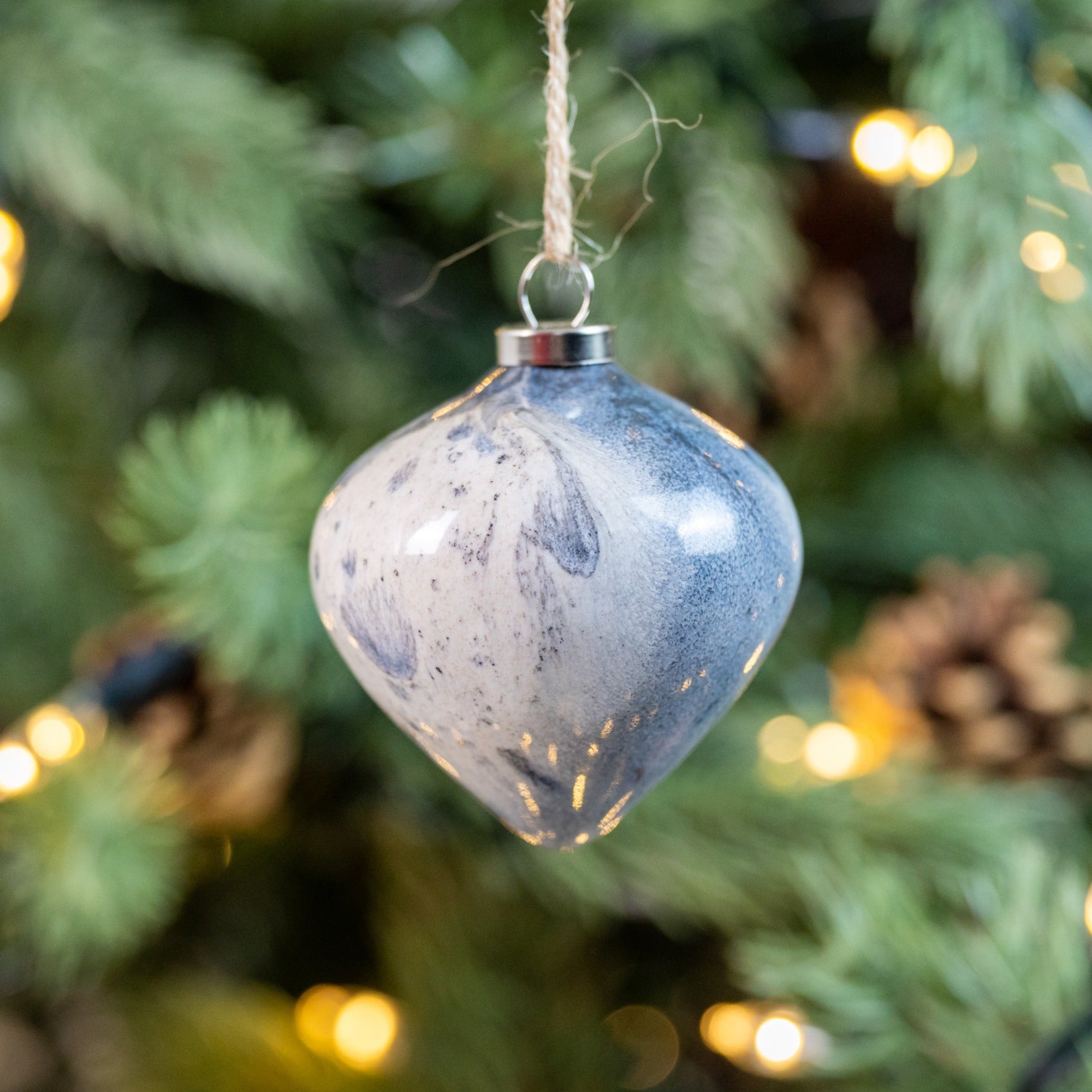 White & Grey Hand-Painted Ceramic Bauble | Diamond Shape