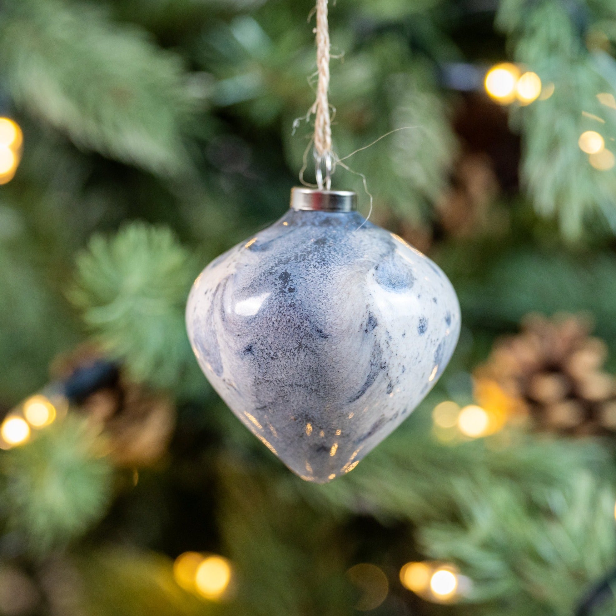 White & Grey Hand-Painted Ceramic Bauble | Diamond Shape