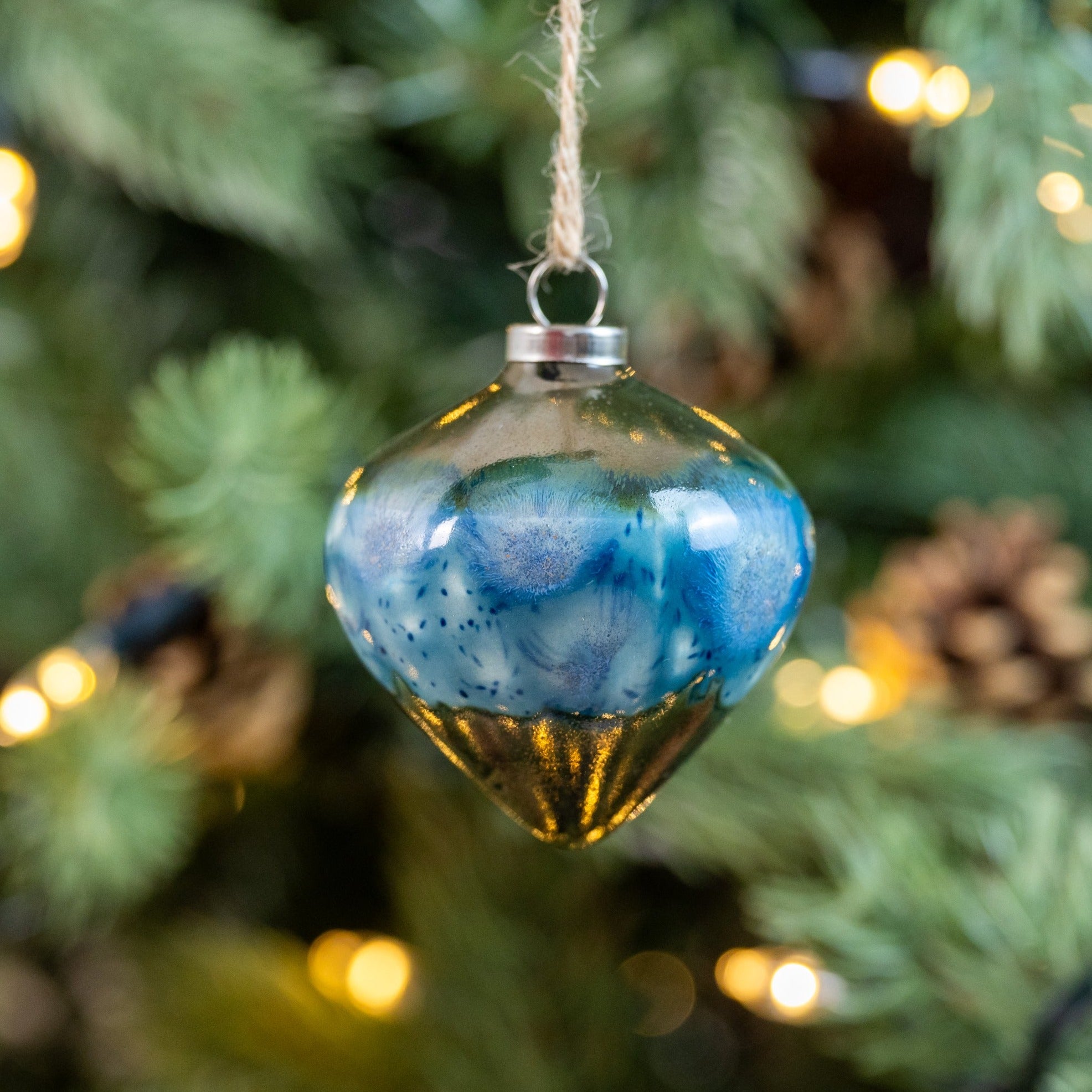 Blue & Grey Hand-Painted Ceramic Bauble | Diamond Shape