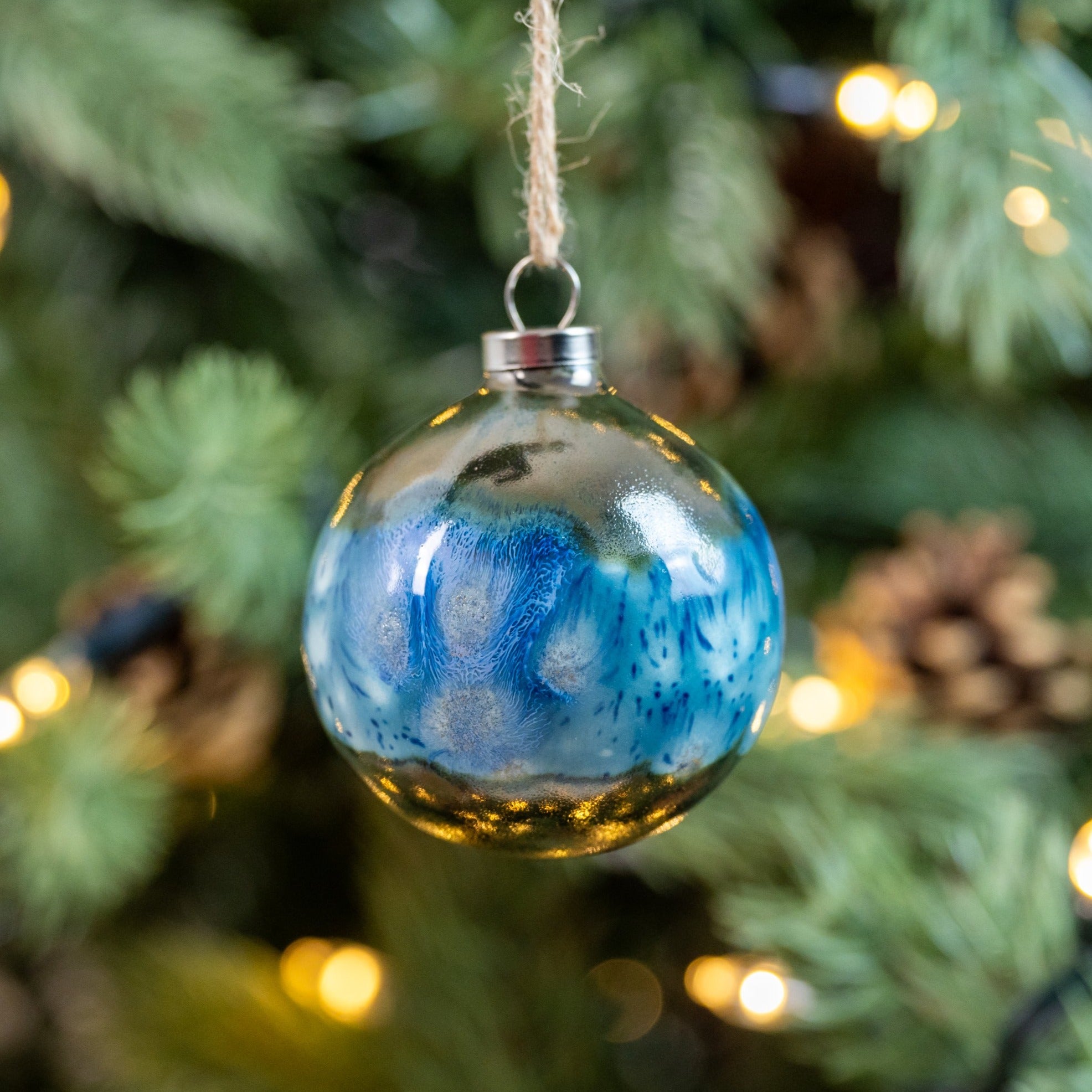 Blue & Grey Hand-Painted Ceramic Bauble | Round Shape