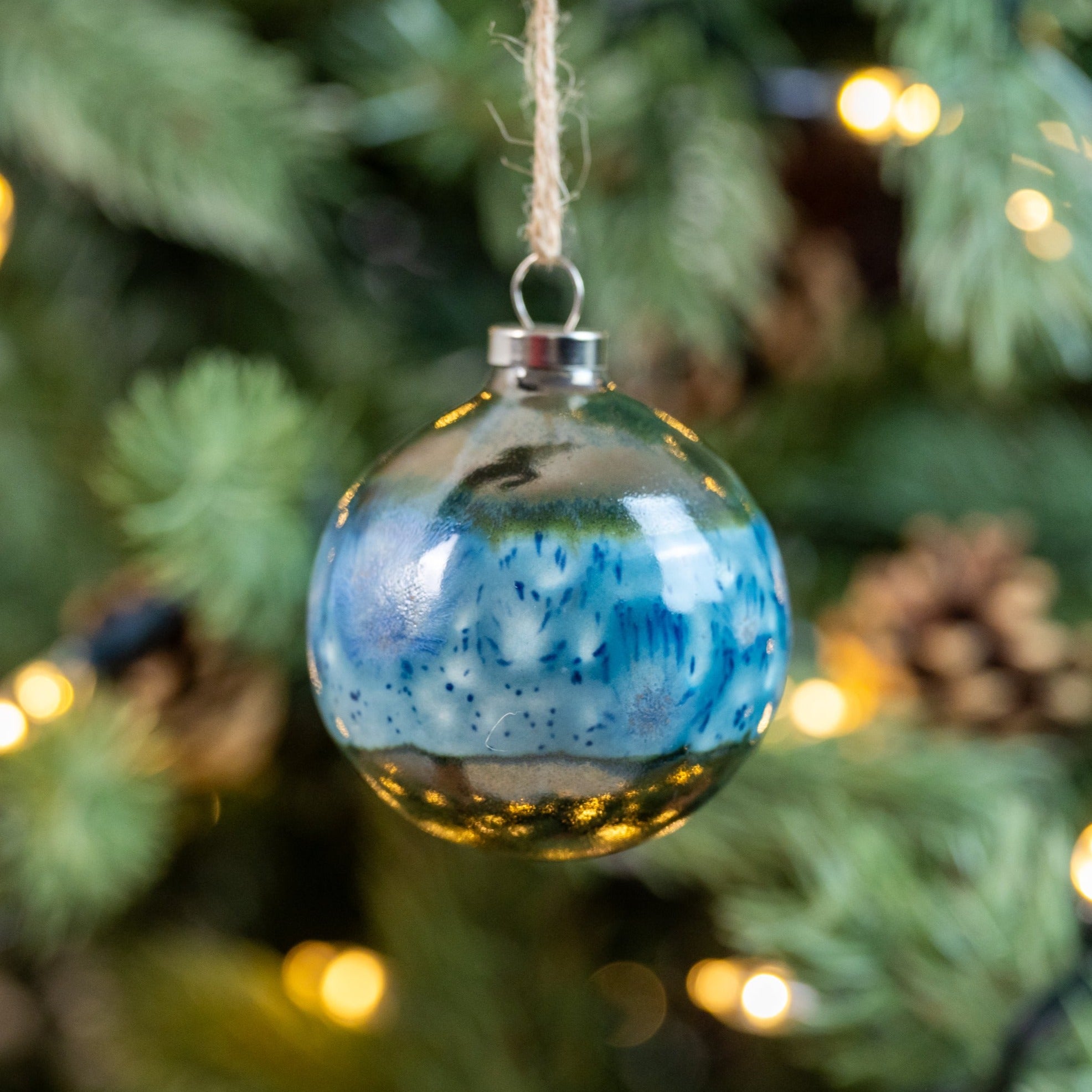 Blue & Grey Hand-Painted Ceramic Bauble | Round Shape