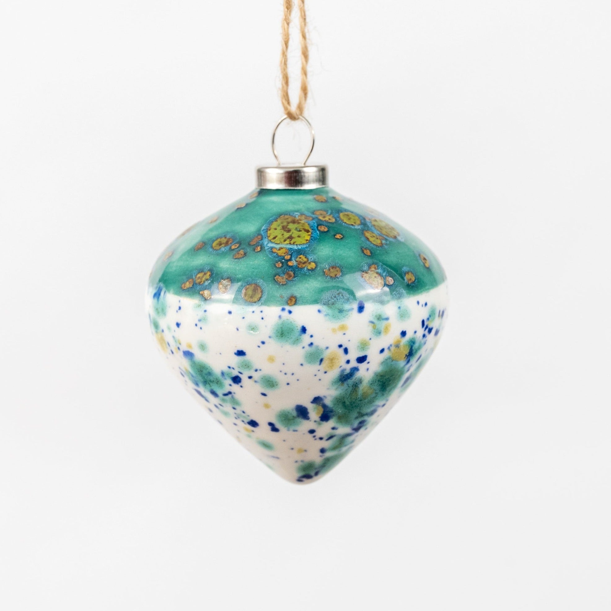 Turquoise & White Hand-Painted Ceramic Bauble | Diamond Shape