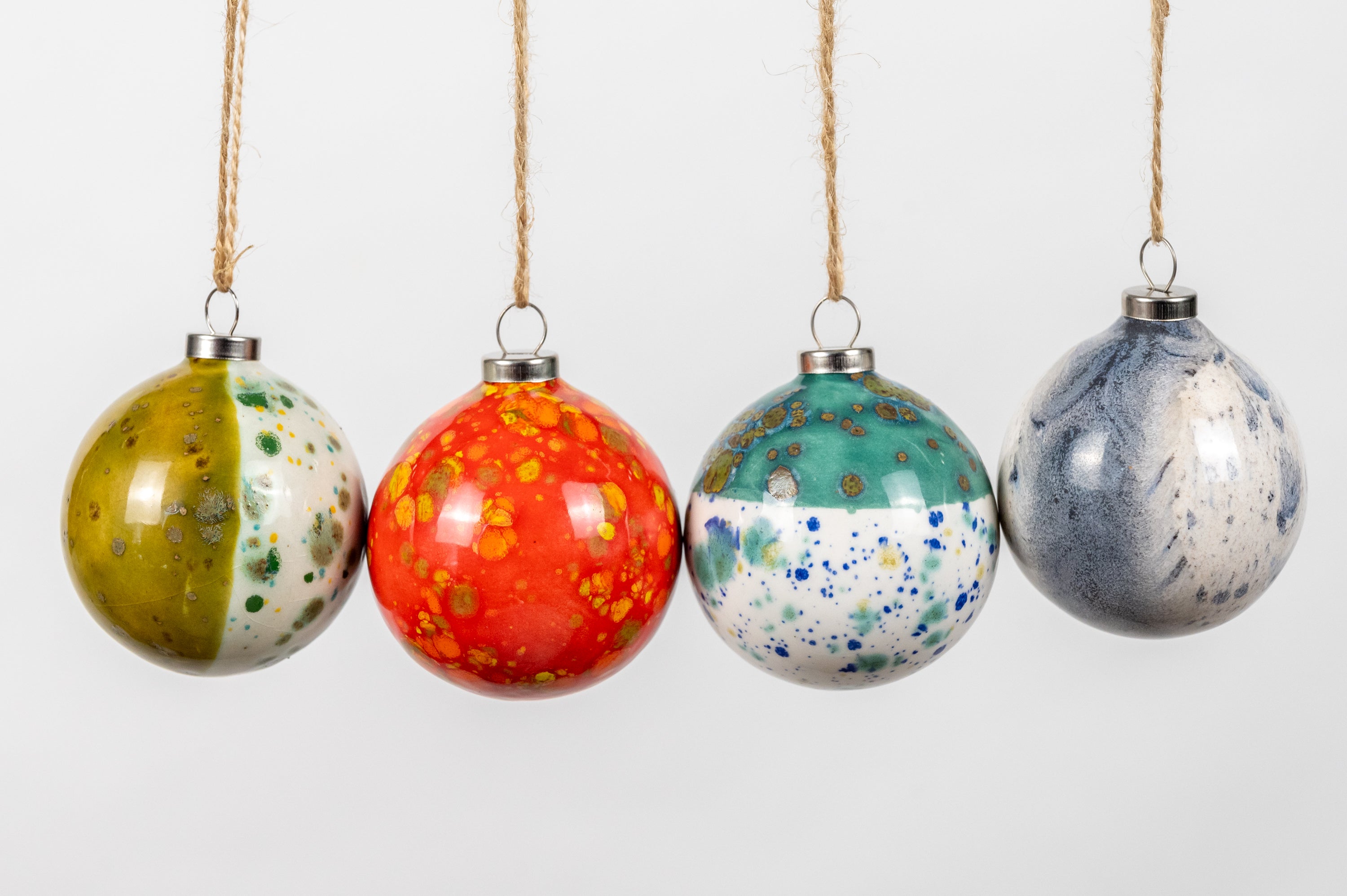 Green, Red, Grey & Turquoise Set of 4 baubles | Round Shape