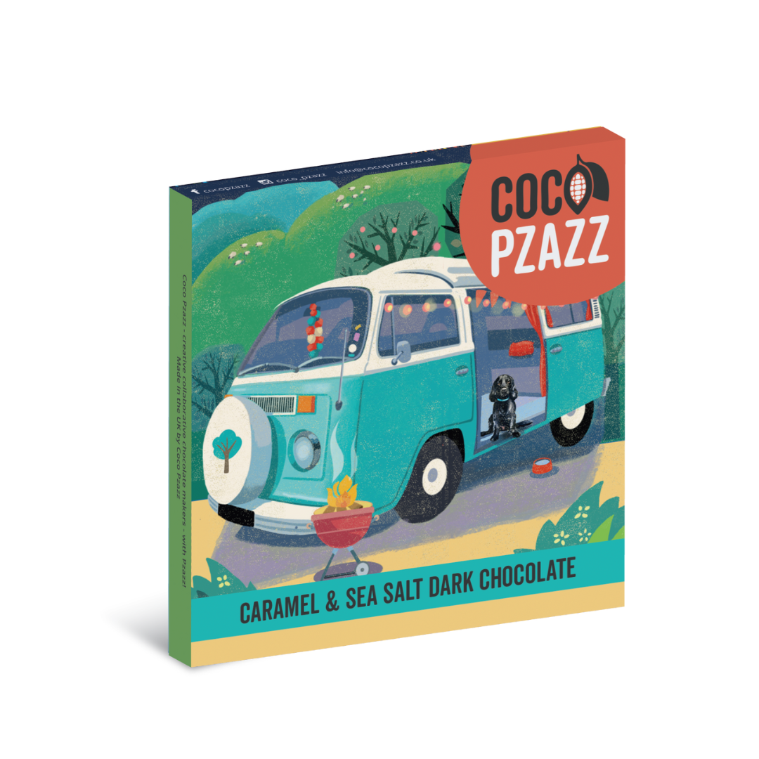 Coco Pzazz caramel & sea salt dark chocolate packaging with a vintage van illustration on a white background