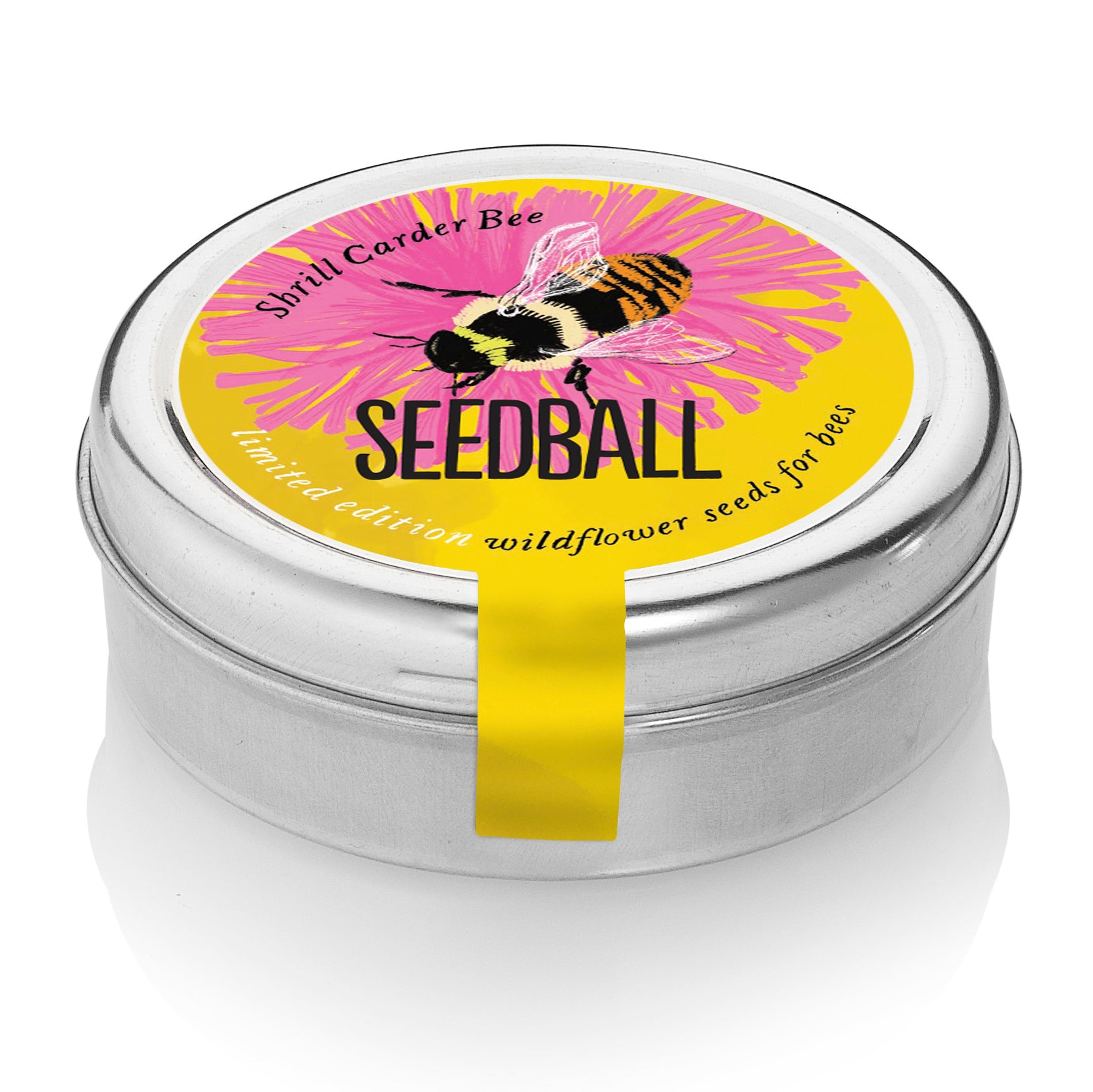 A tin container of Seedball Bumblebee mix with a label featuring a bumblebee on a pink flower.