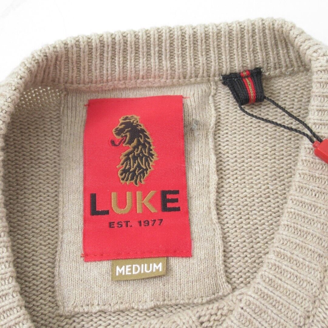 Luke 1977 Morden Cable Knit Jumper Mens Medium Stone Beige Crew Neck Designer