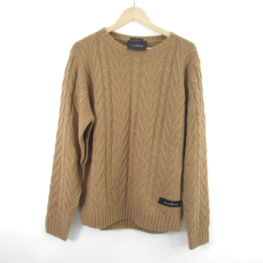 John Richmond Jumper UK XXL Men's Camel Knitted Cable Sweater Designer Wool