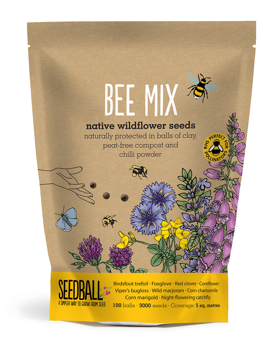 Packaging of Seedball Grab Bag Bee Mix, featuring illustrations of bees and flowers, and text detailing the product.